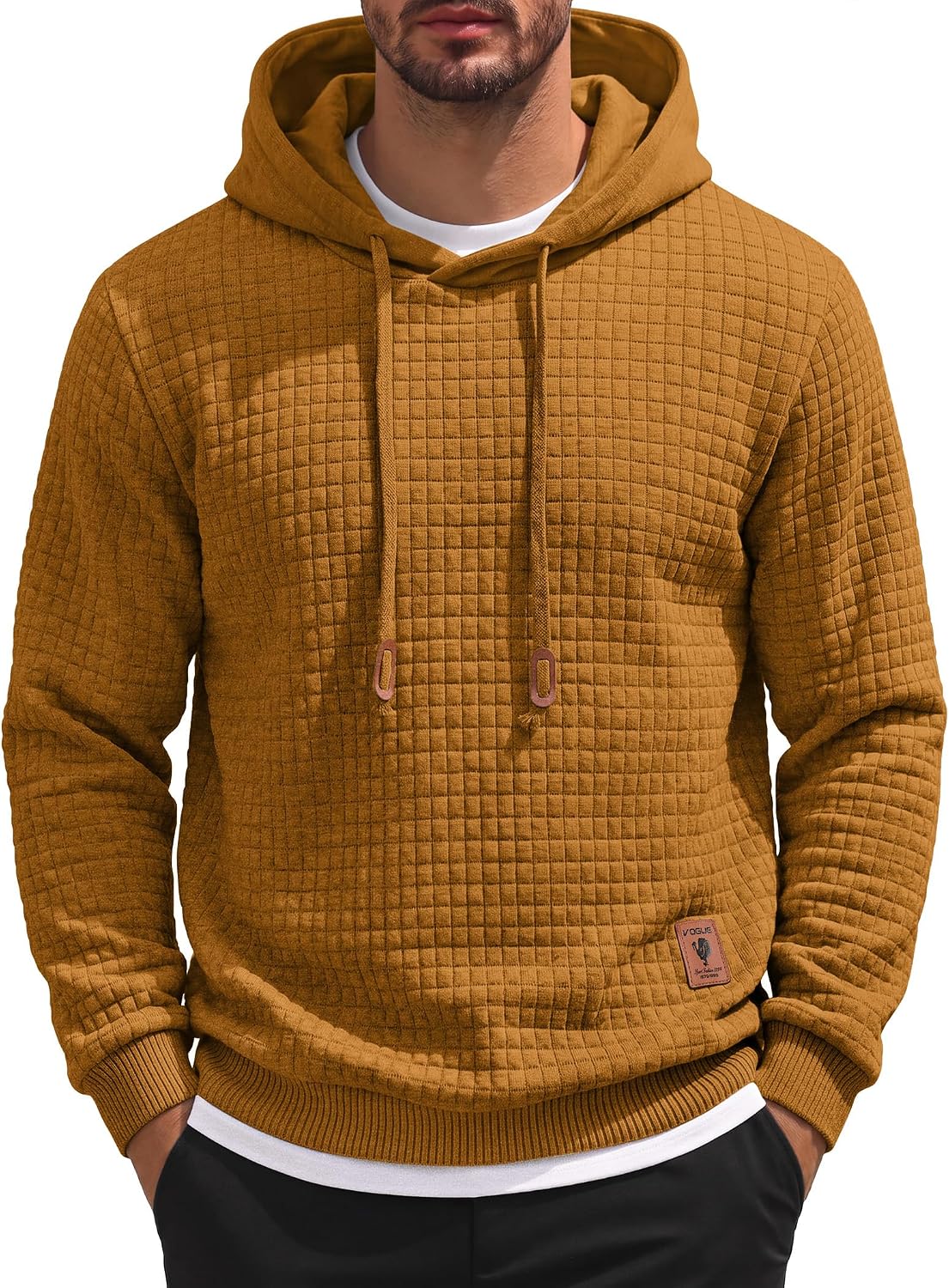 Men's Waffle Knit Hooded Sweatshirt - Long Sleeve Drawstring Pullover Hoodie for Casual Fall and Winter Wear - Small