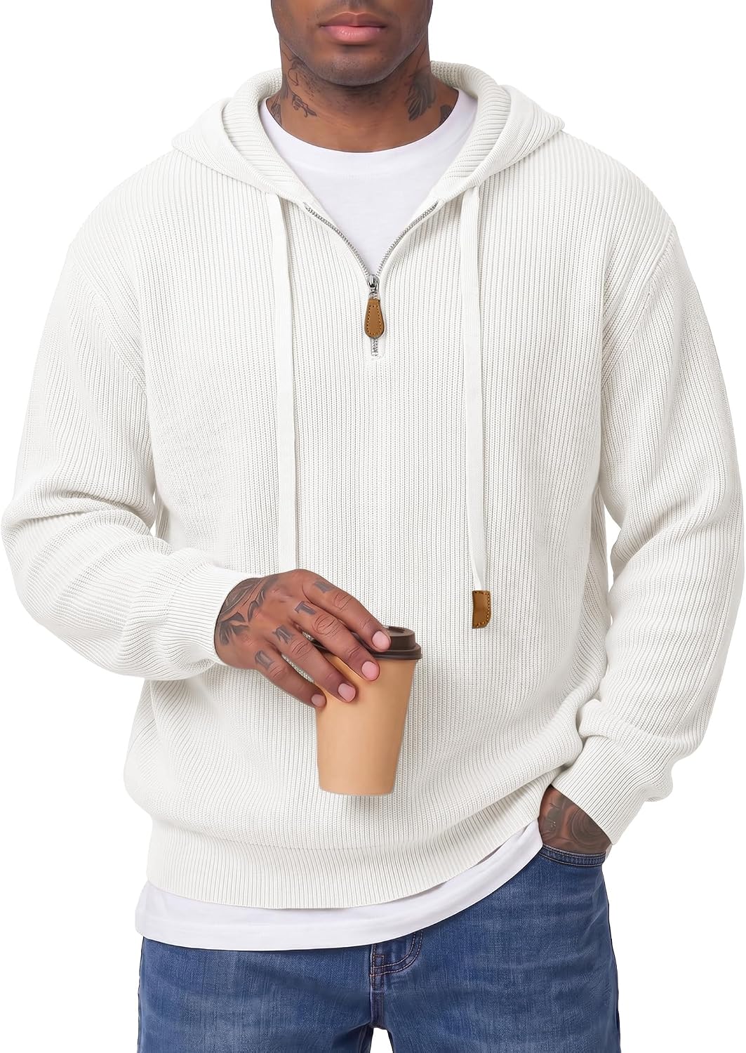 Men's Ribbed Knit Quarter Zip Hooded Sweater - Regular Fit Pullover with Leather Zip Puller for Fall and Winter - Small