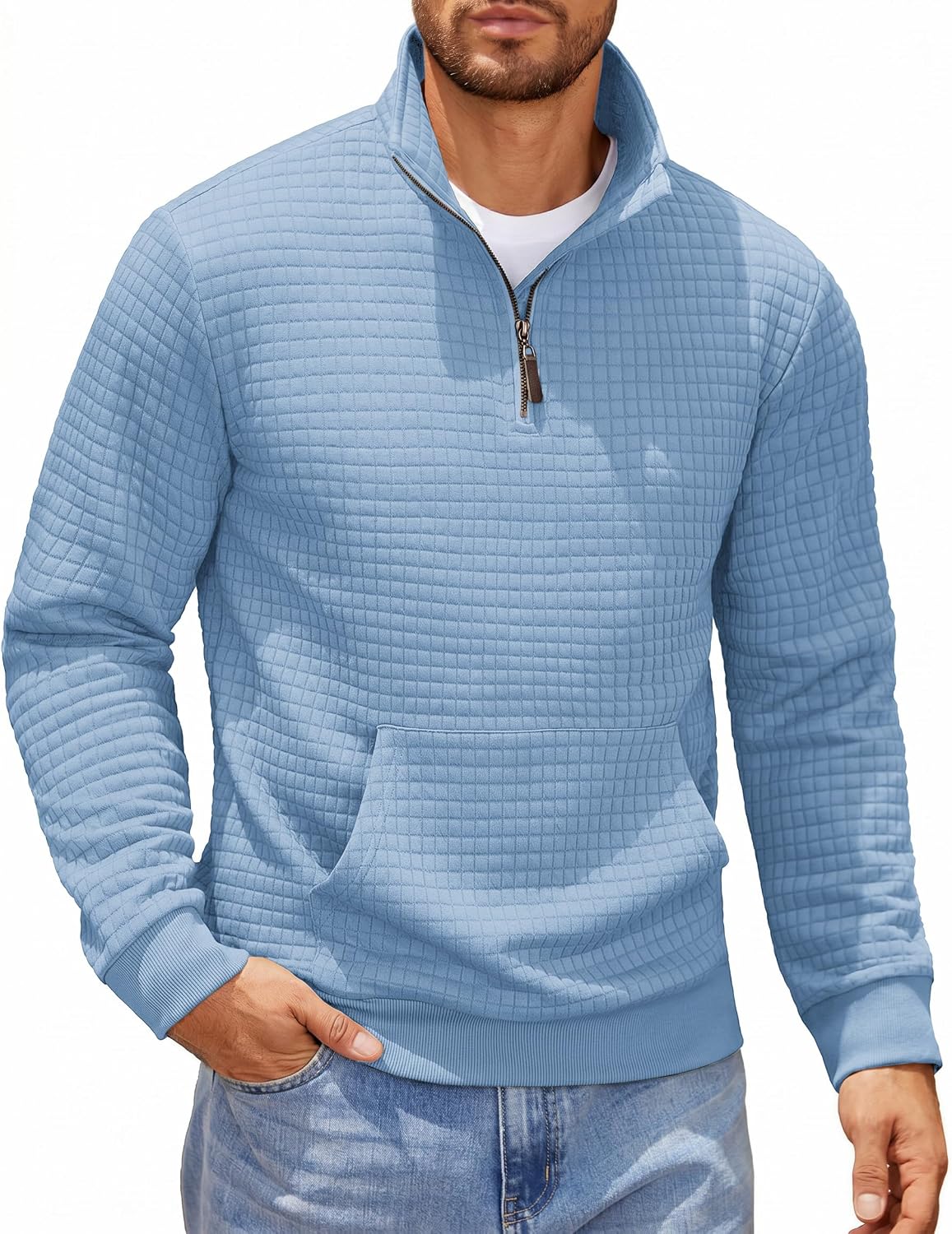 Men's Waffle Knit Quarter Zip Pullover Hoodie - Long Sleeve Textured Sweatshirt with Front Pocket for Autumn - Small