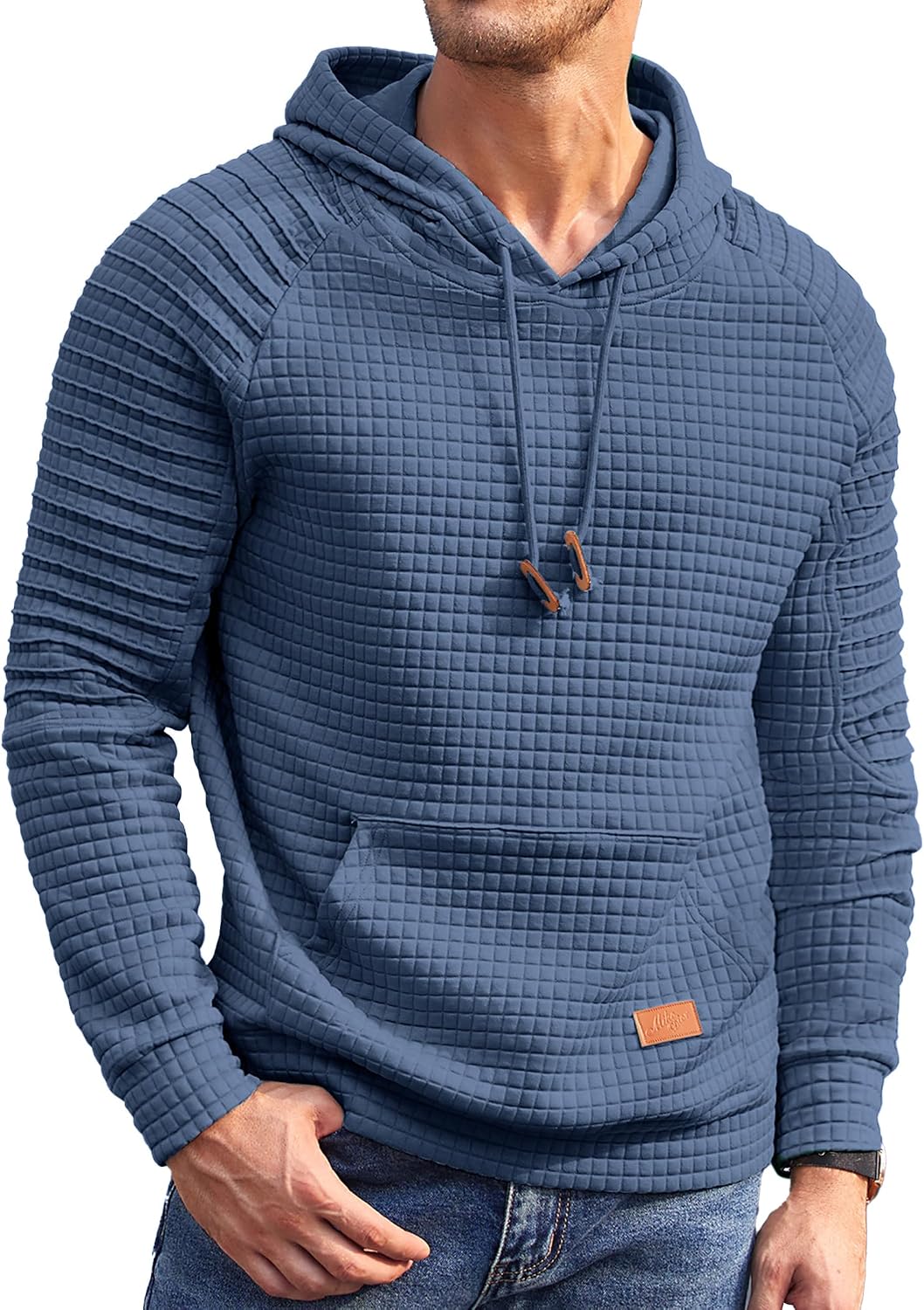 Men's Waffle Knit Pullover Hoodie - Long Sleeve Drawstring Sweatshirt with Kanga Pocket for Casual Daily Wear - Medium