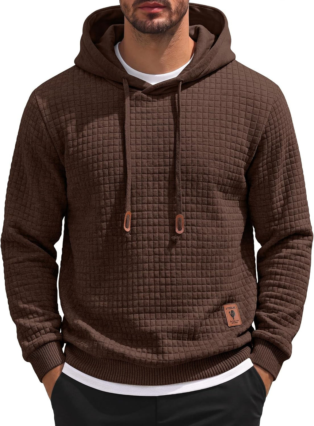Men's Waffle Knit Hooded Sweatshirt - Long Sleeve Drawstring Pullover Hoodie for Casual Fall and Winter Wear - Medium