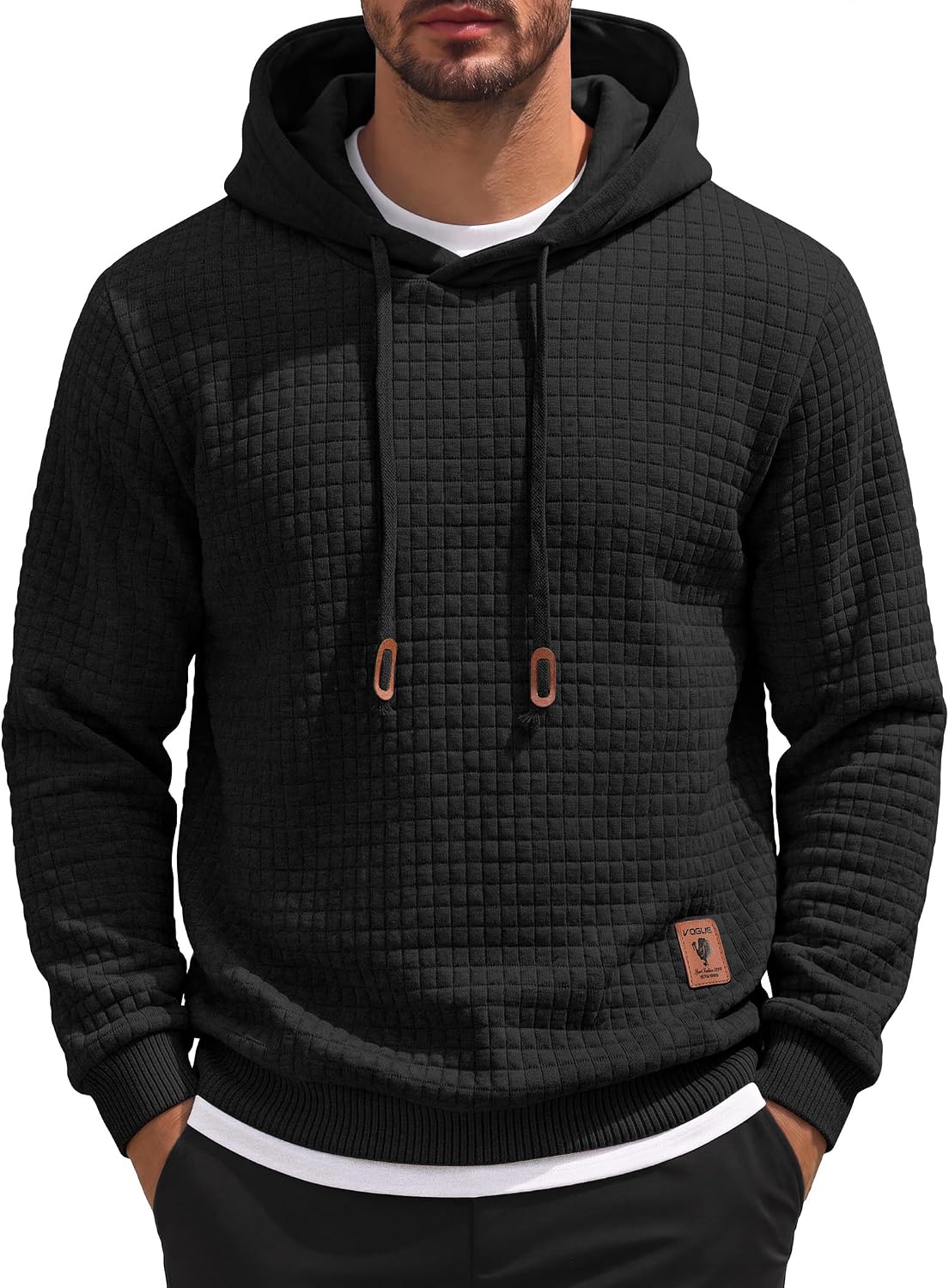 Men's Waffle Knit Hooded Sweatshirt - Long Sleeve Drawstring Pullover Hoodie for Casual Fall and Winter Wear - Small