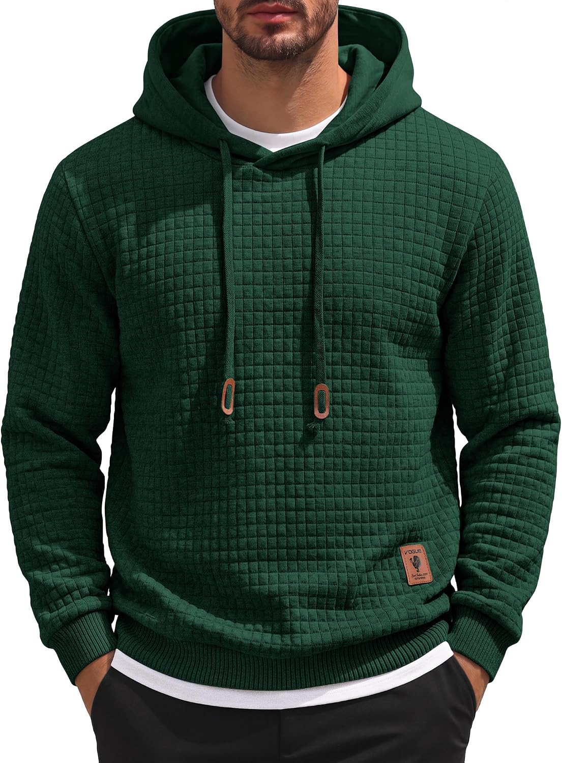 Men's Waffle Knit Hooded Sweatshirt - Long Sleeve Drawstring Pullover Hoodie for Casual Fall and Winter Wear - Medium