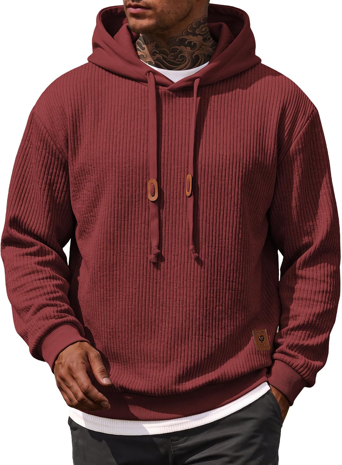 Men's Waffle Knit Pullover Hoodie - Lightweight Long Sleeve Sweatshirt with Adjustable Hood for Fall and Winter - Small