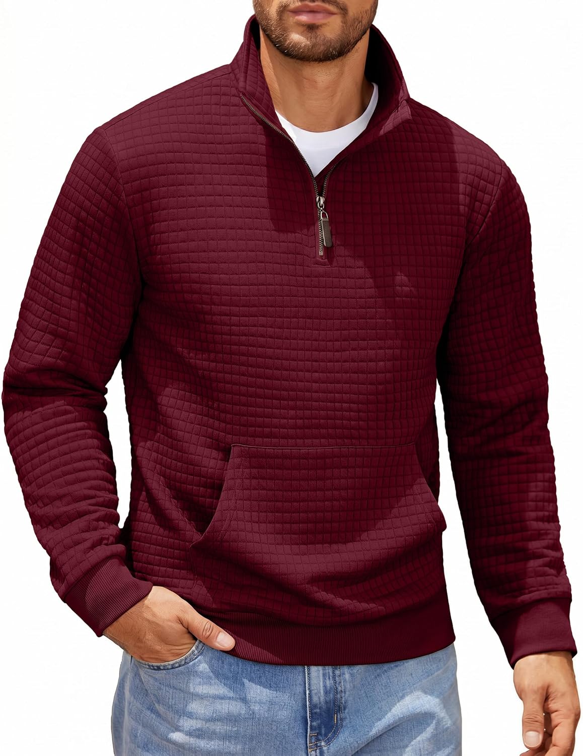 Men's Waffle Knit Quarter Zip Pullover Hoodie - Long Sleeve Textured Sweatshirt with Front Pocket for Autumn - Small