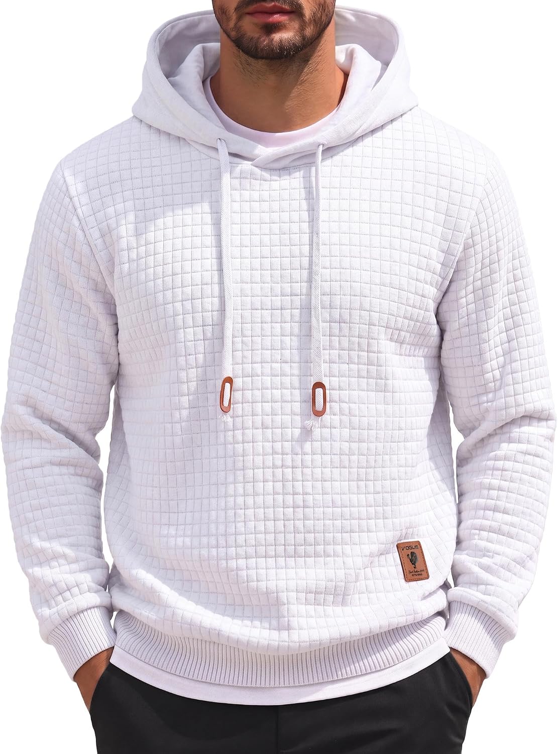 Men's Waffle Knit Hooded Sweatshirt - Long Sleeve Drawstring Pullover Hoodie for Casual Fall and Winter Wear - Medium