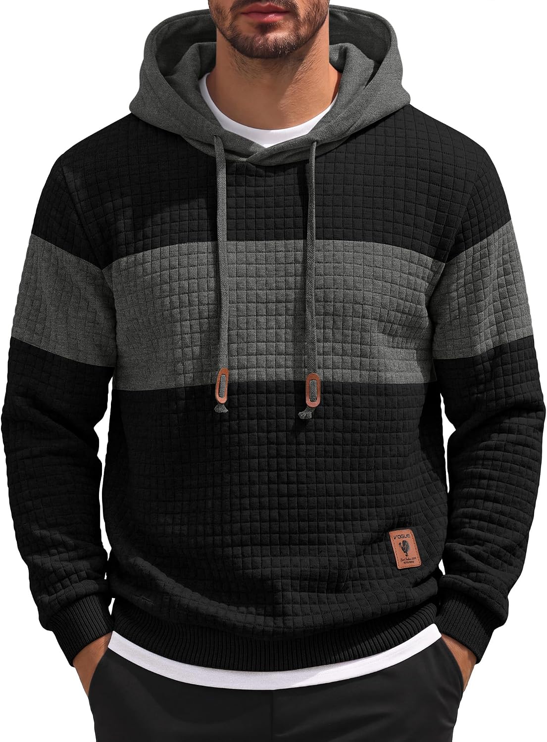 Men's Waffle Knit Hooded Sweatshirt - Long Sleeve Drawstring Pullover Hoodie for Casual Fall and Winter Wear - Large