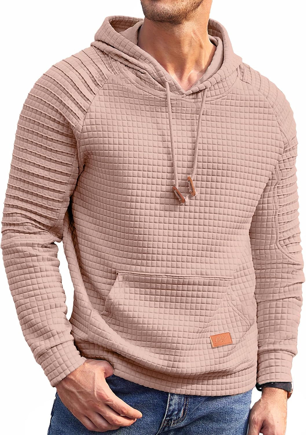 Men's Waffle Knit Pullover Hoodie - Long Sleeve Drawstring Sweatshirt with Kanga Pocket for Casual Daily Wear - Medium