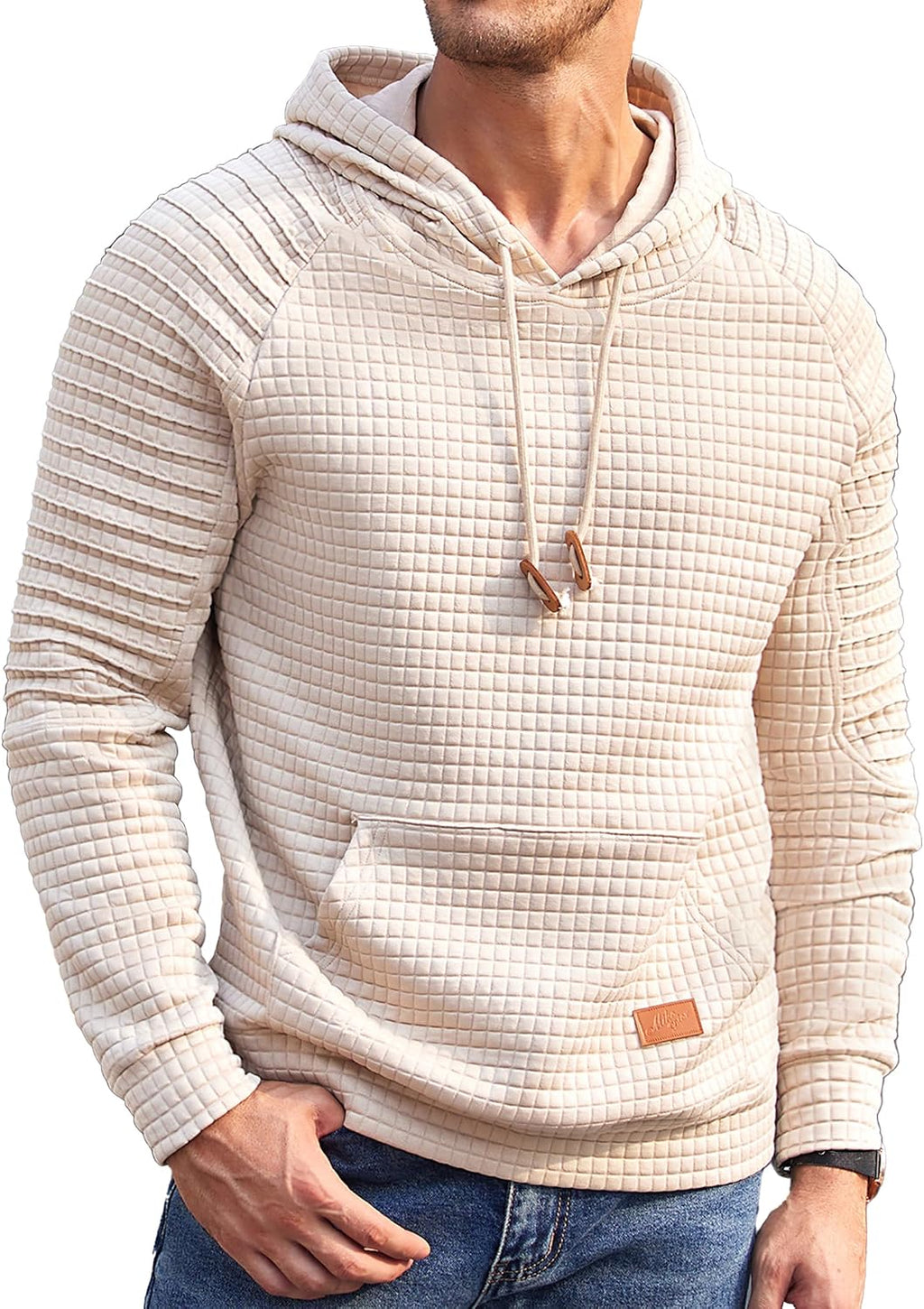 Men's Waffle Knit Pullover Hoodie - Long Sleeve Drawstring Sweatshirt with Kanga Pocket for Casual Daily Wear - Medium