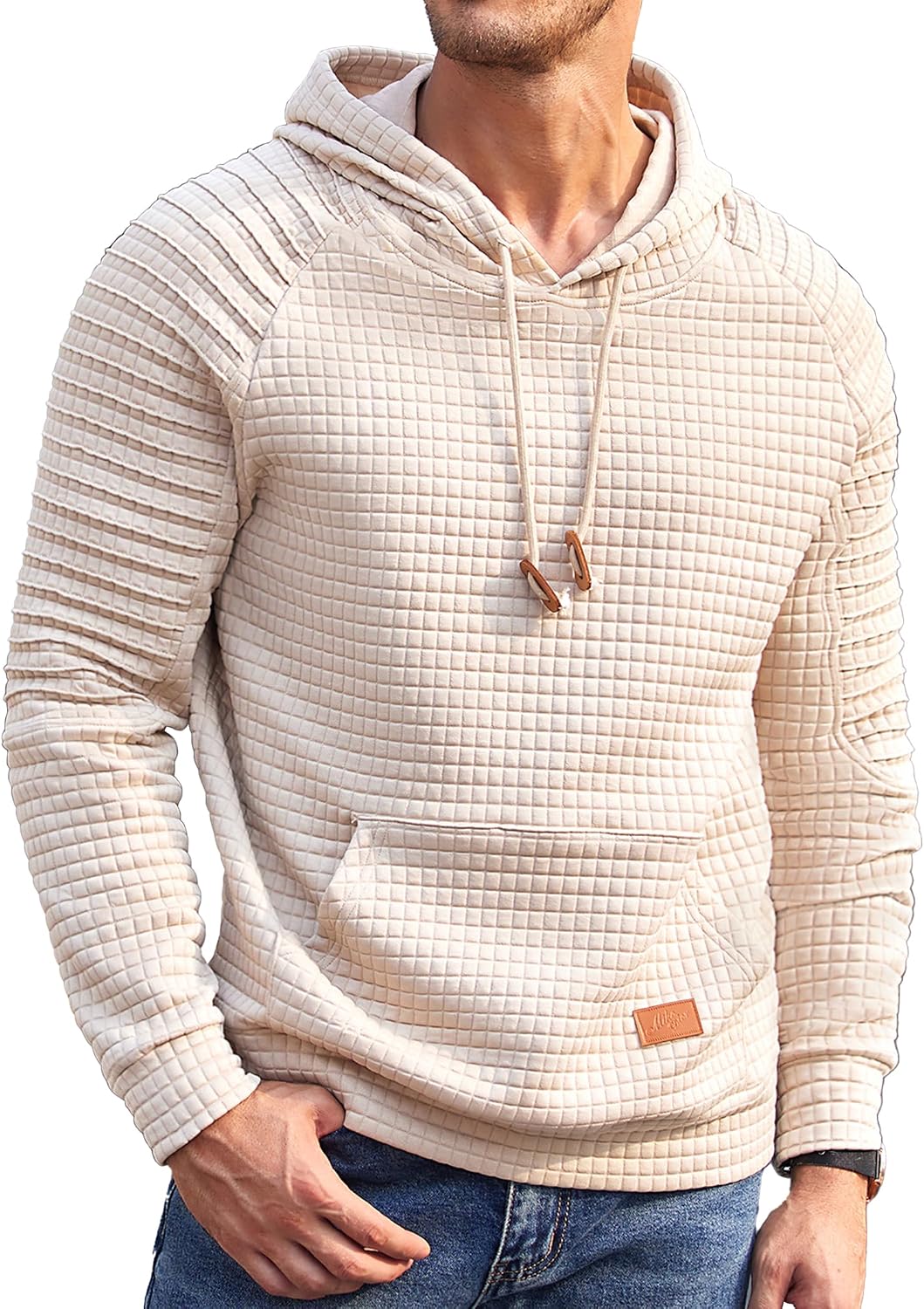 Men's Waffle Knit Pullover Hoodie - Long Sleeve Drawstring Sweatshirt with Kanga Pocket for Casual Daily Wear - Medium