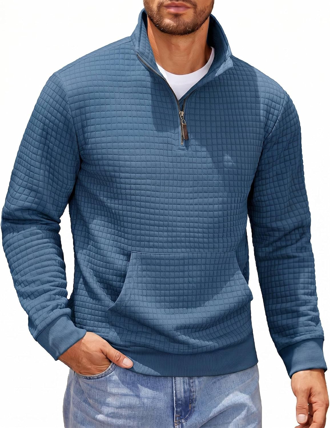 Men's Waffle Knit Quarter Zip Pullover Hoodie - Long Sleeve Textured Sweatshirt with Front Pocket for Autumn - Small