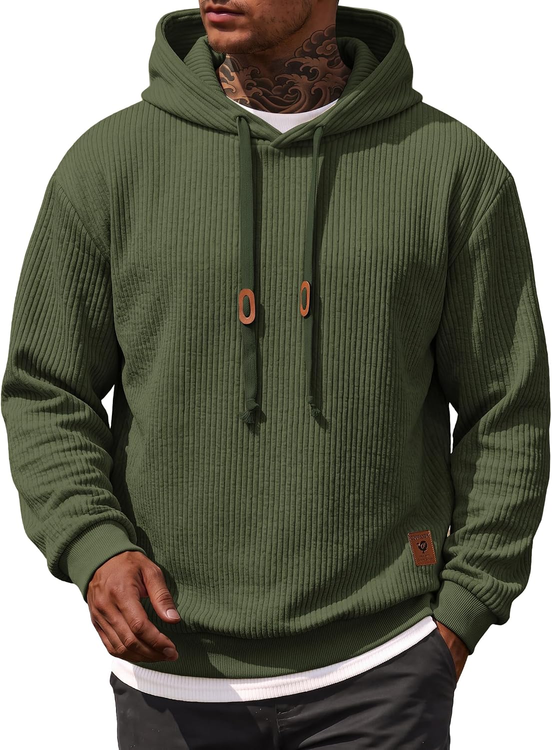 Men's Waffle Knit Pullover Hoodie - Lightweight Long Sleeve Sweatshirt with Adjustable Hood for Fall and Winter - Medium