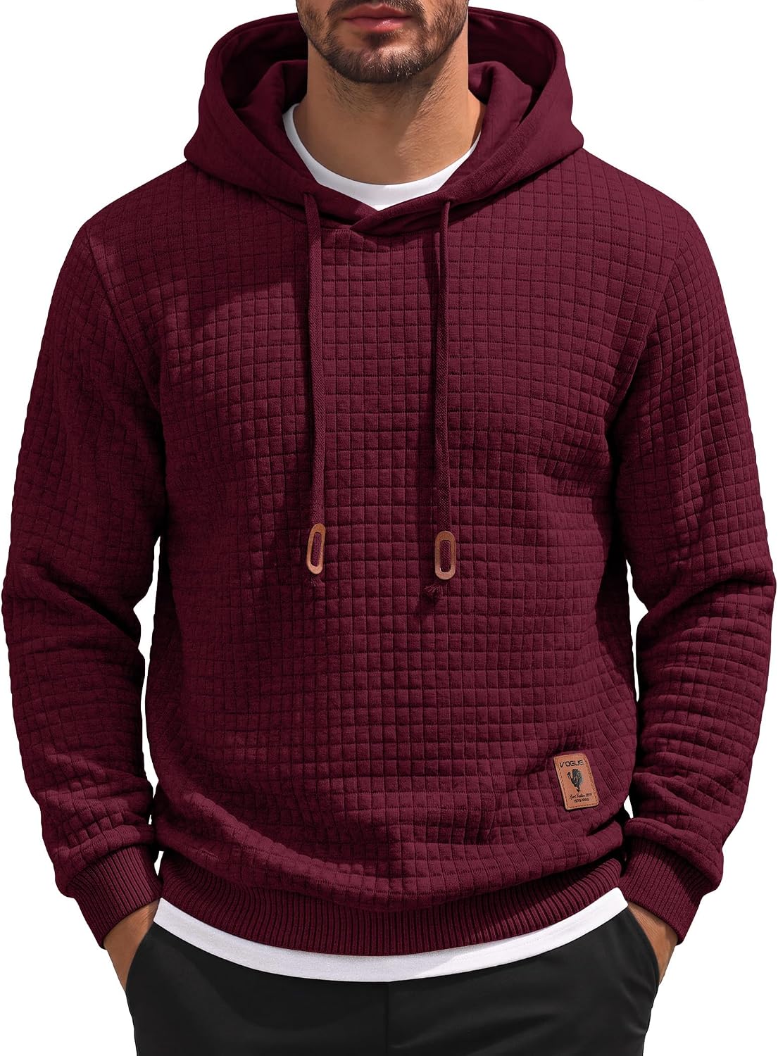 Men's Waffle Knit Hooded Sweatshirt - Long Sleeve Drawstring Pullover Hoodie for Casual Fall and Winter Wear - Medium