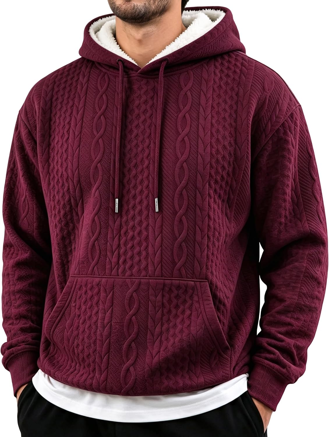Men's Sherpa Lined Cable Textured Pullover Hoodie - Midweight Drawstring Sweatshirt with Kangaroo Pocket - Small
