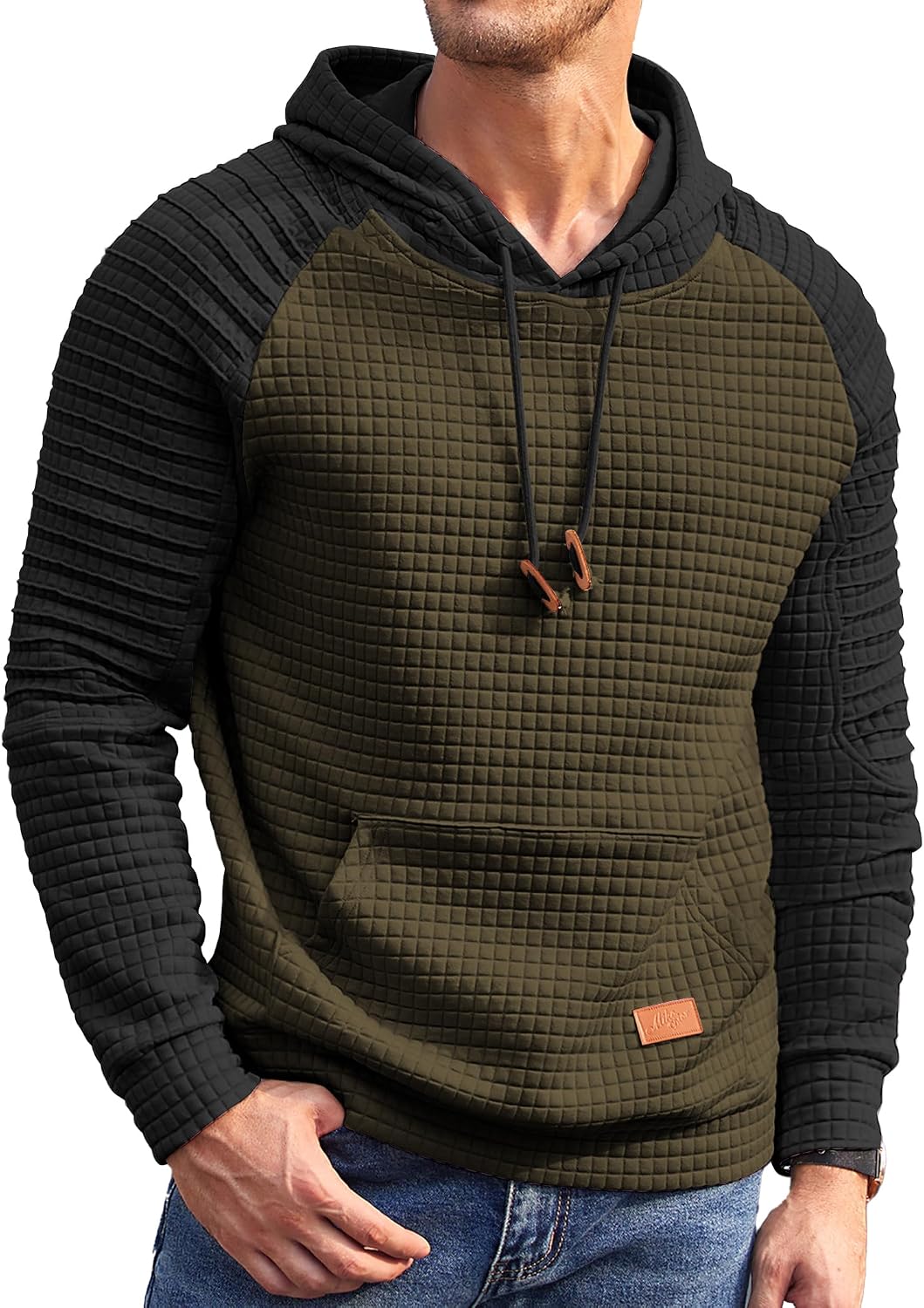 Men's Waffle Knit Pullover Hoodie - Long Sleeve Drawstring Sweatshirt with Kanga Pocket for Casual Daily Wear - Medium