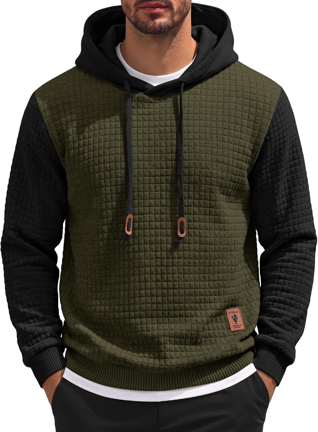 Men's Waffle Knit Hooded Sweatshirt - Long Sleeve Drawstring Pullover Hoodie for Casual Fall and Winter Wear - Large