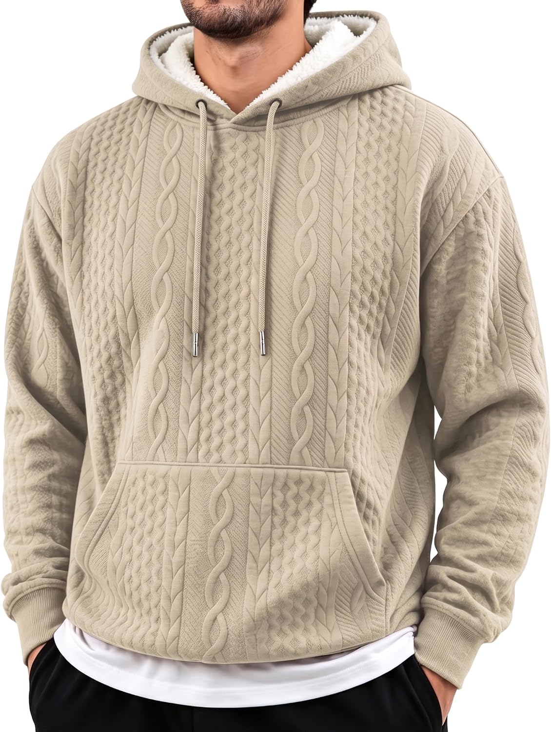 Men's Sherpa Lined Cable Textured Pullover Hoodie - Midweight Drawstring Sweatshirt with Kangaroo Pocket - Small
