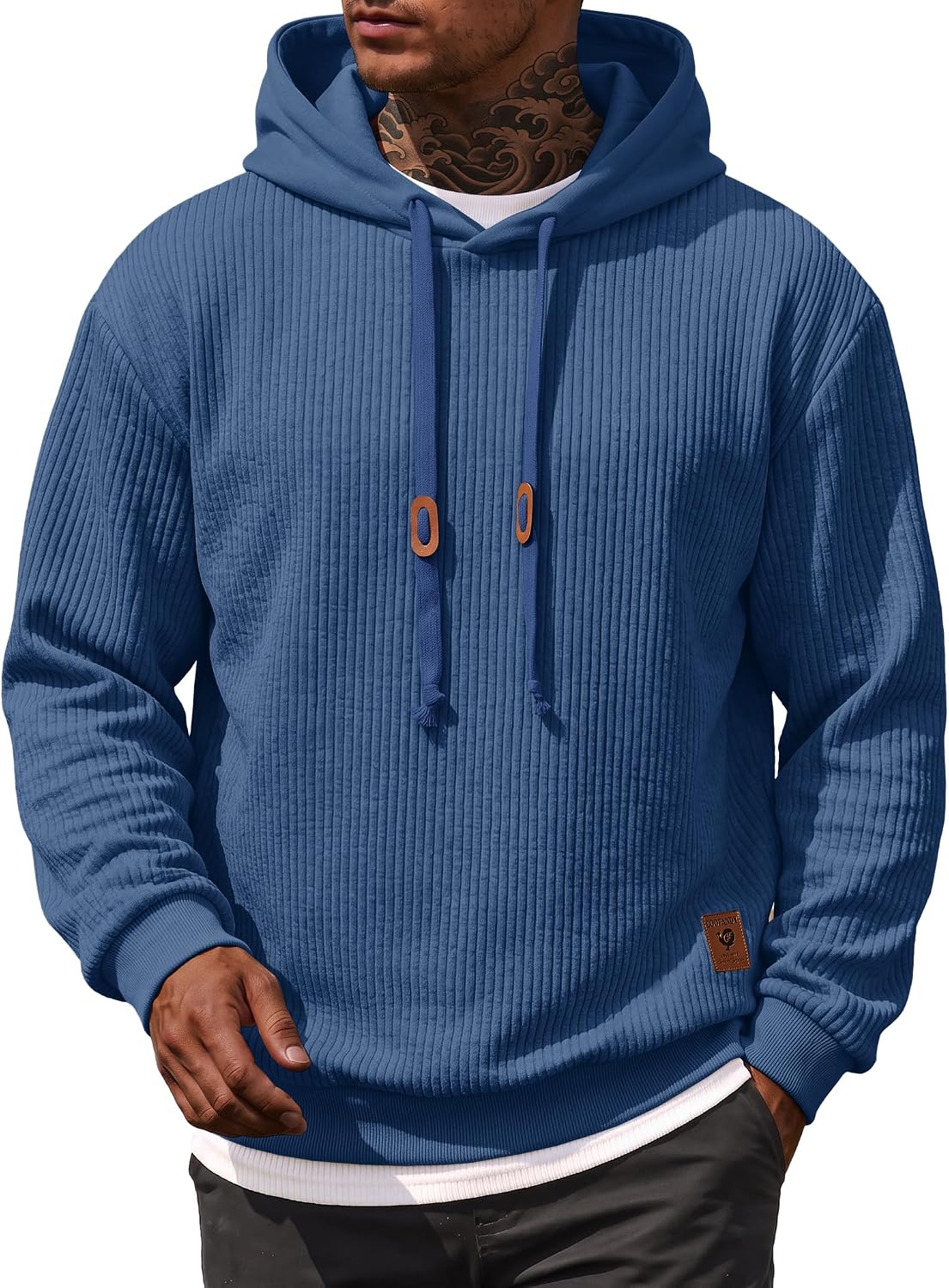 Men's Waffle Knit Pullover Hoodie - Lightweight Long Sleeve Sweatshirt with Adjustable Hood for Fall and Winter - Medium