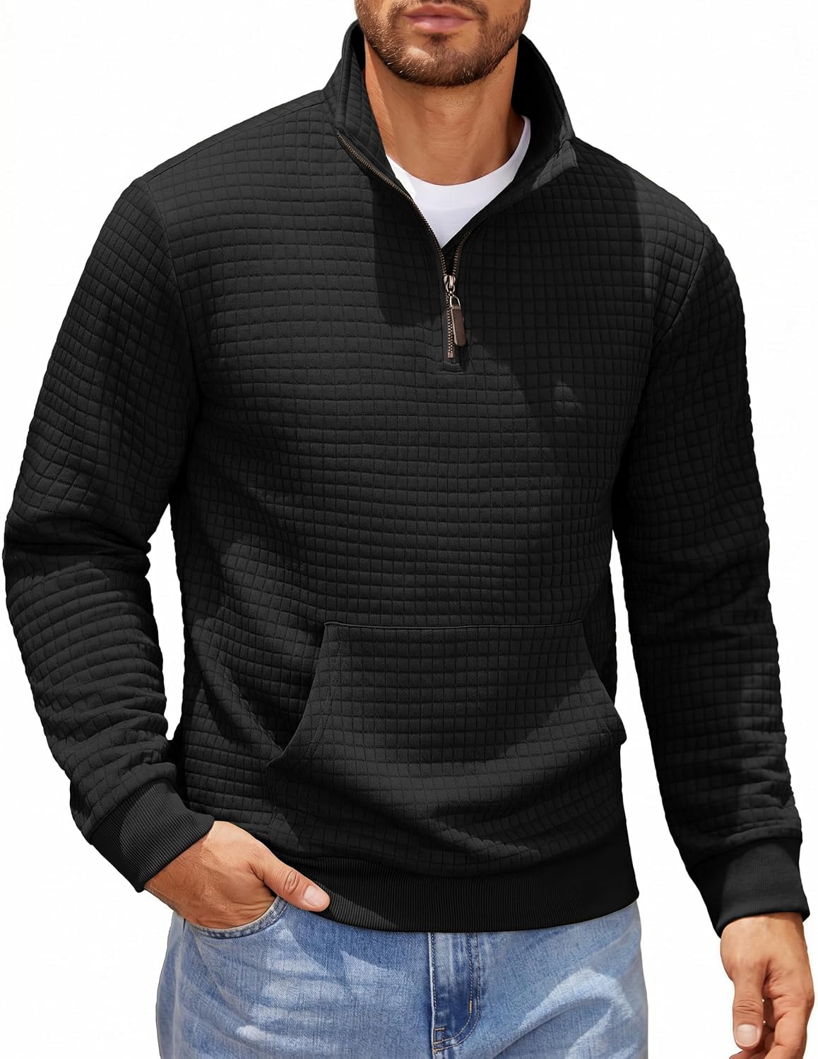 Men's Waffle Knit Quarter Zip Pullover Hoodie - Long Sleeve Textured Sweatshirt with Front Pocket for Autumn - Small