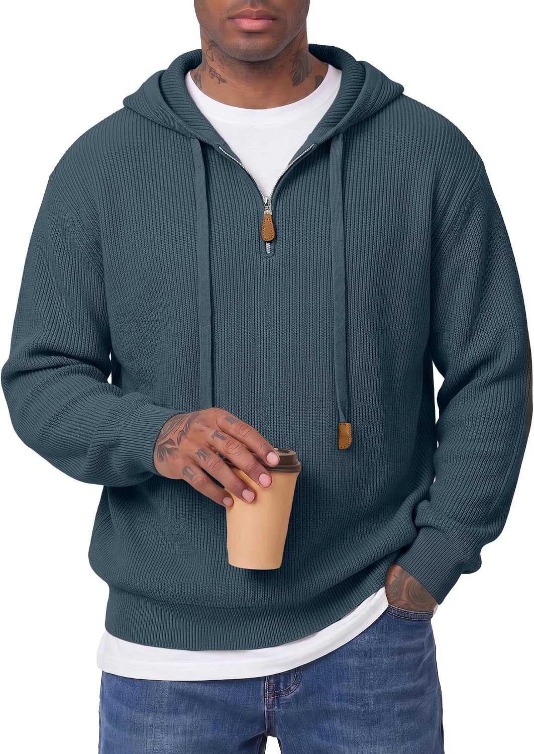 Men's Ribbed Knit Quarter Zip Hooded Sweater - Regular Fit Pullover with Leather Zip Puller for Fall and Winter - Small
