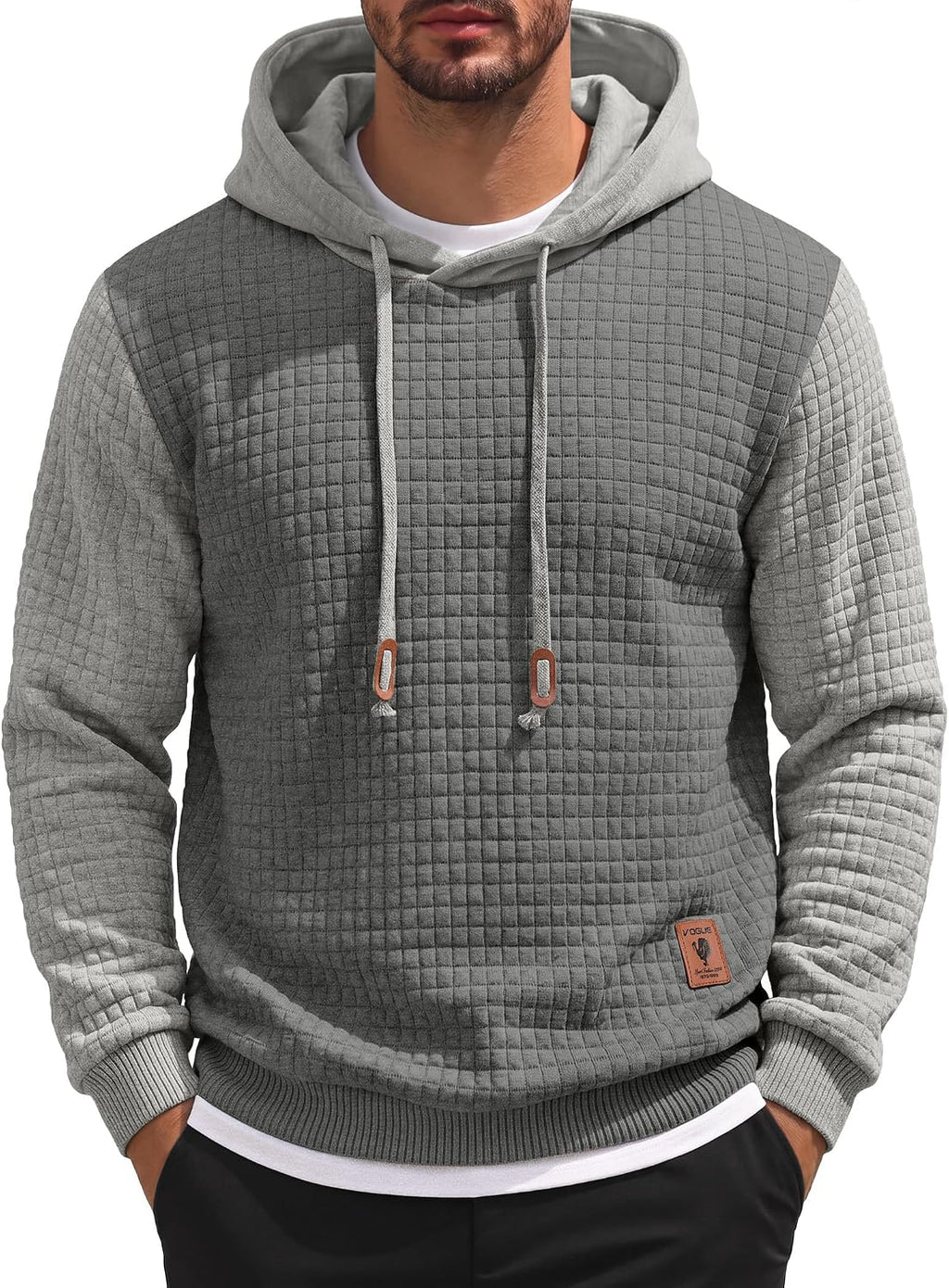 Men's Waffle Knit Hooded Sweatshirt - Long Sleeve Drawstring Pullover Hoodie for Casual Fall and Winter Wear - Large