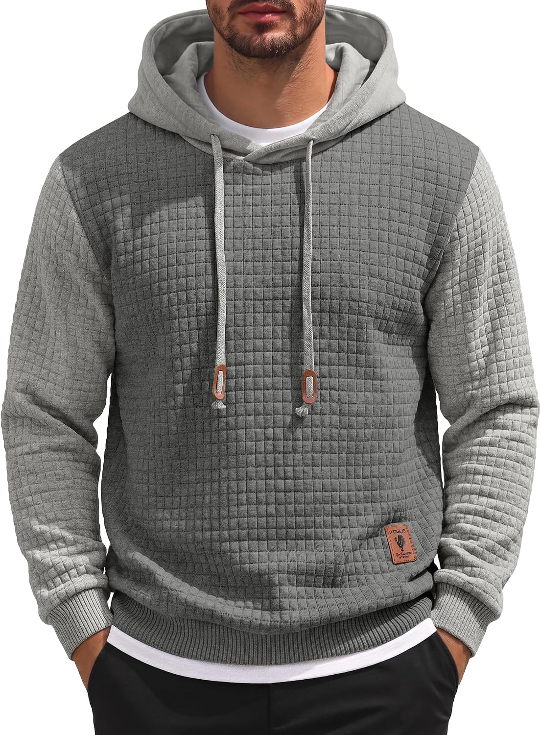 Men's Waffle Knit Hooded Sweatshirt - Long Sleeve Drawstring Pullover Hoodie for Casual Fall and Winter Wear - Large