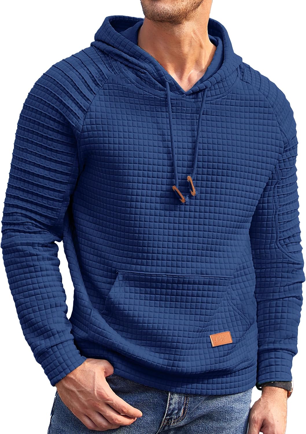 Men's Waffle Knit Pullover Hoodie - Long Sleeve Drawstring Sweatshirt with Kanga Pocket for Casual Daily Wear - Small
