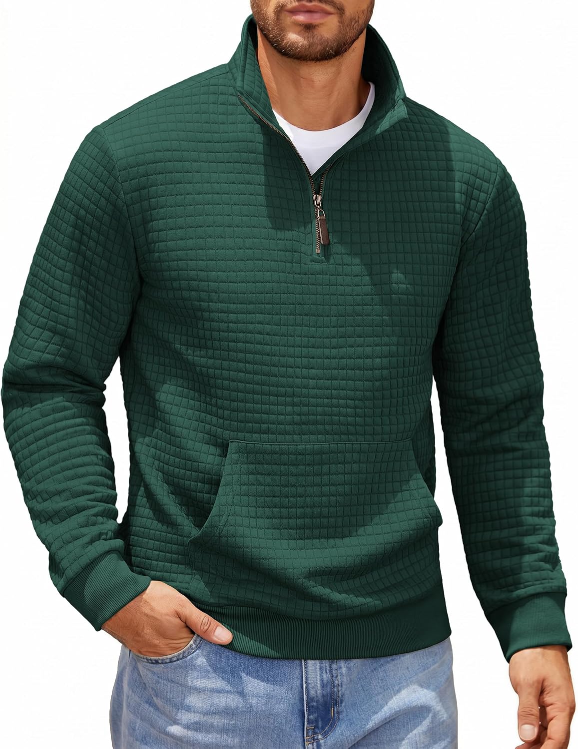 Men's Waffle Knit Quarter Zip Pullover Hoodie - Long Sleeve Textured Sweatshirt with Front Pocket for Autumn - Medium