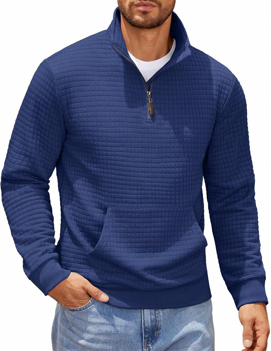 Men's Waffle Knit Quarter Zip Pullover Hoodie - Long Sleeve Textured Sweatshirt with Front Pocket for Autumn - Medium