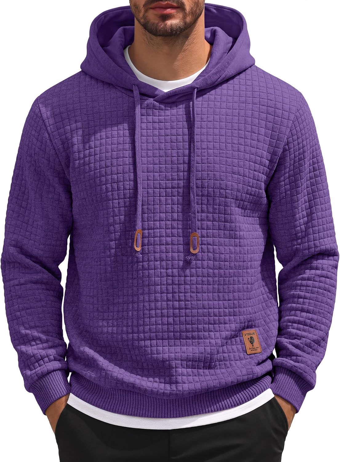 Men's Waffle Knit Hooded Sweatshirt - Long Sleeve Drawstring Pullover Hoodie for Casual Fall and Winter Wear - Small