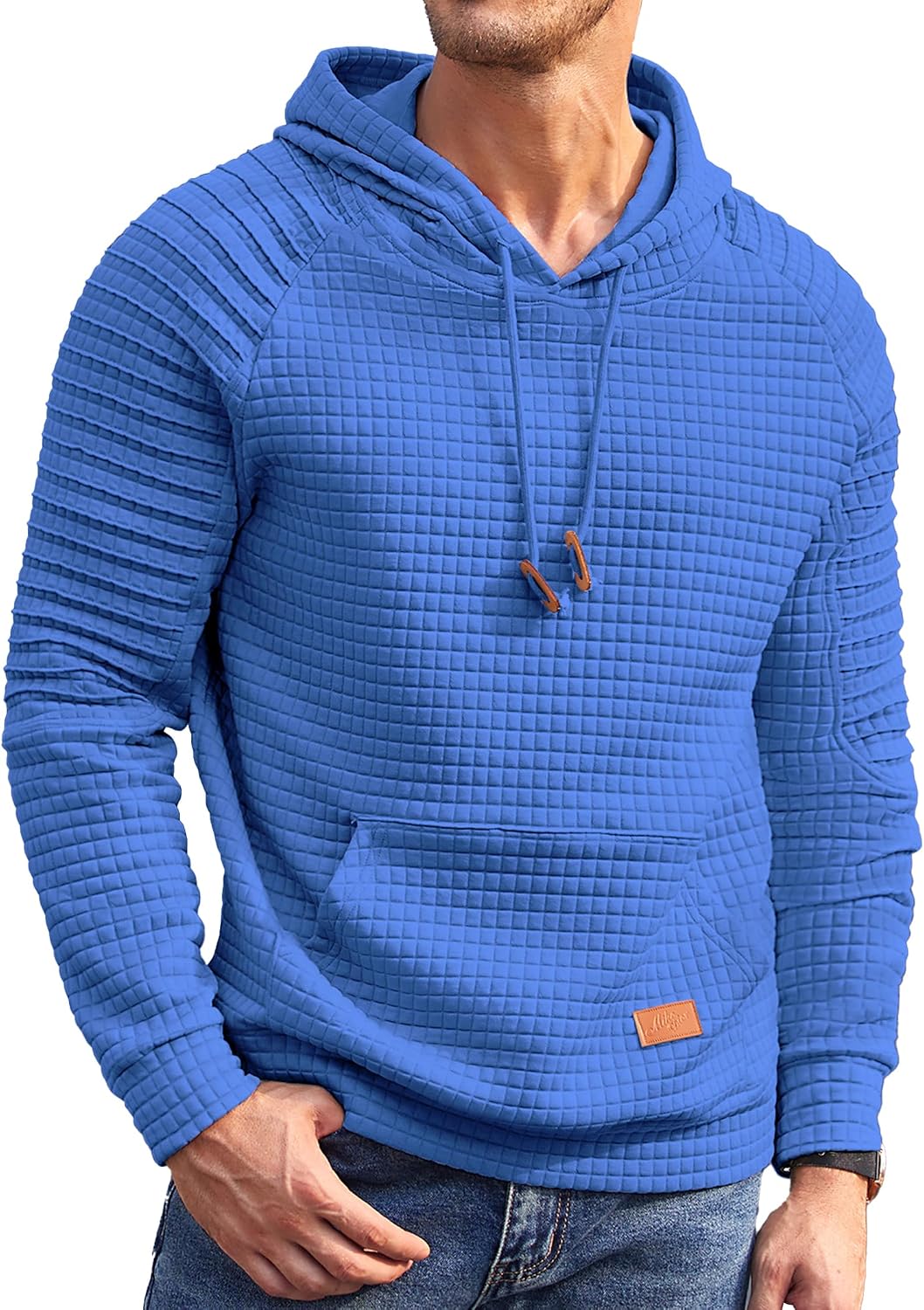 Men's Waffle Knit Pullover Hoodie - Long Sleeve Drawstring Sweatshirt with Kanga Pocket for Casual Daily Wear - Medium