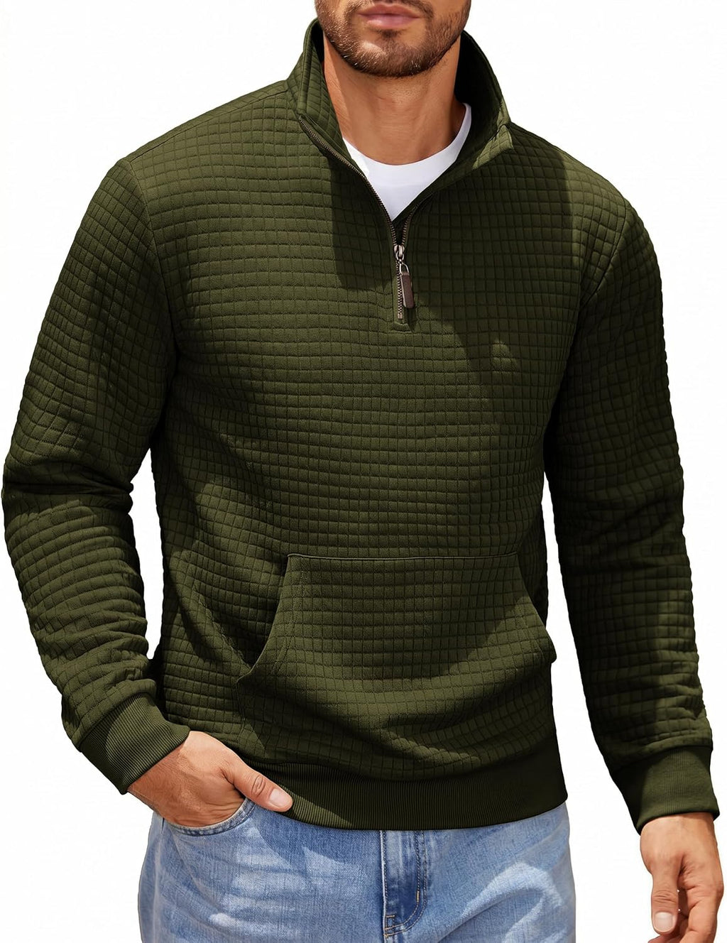 Men's Waffle Knit Quarter Zip Pullover Hoodie - Long Sleeve Textured Sweatshirt with Front Pocket for Autumn - Medium