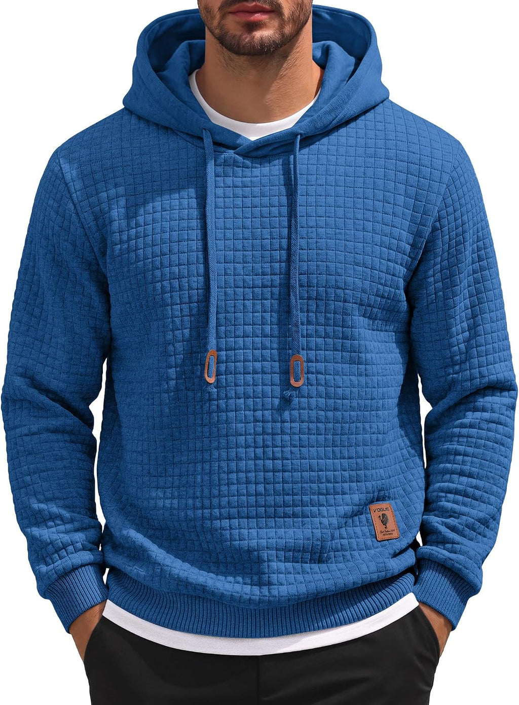 Men's Waffle Knit Hooded Sweatshirt - Long Sleeve Drawstring Pullover Hoodie for Casual Fall and Winter Wear - Large