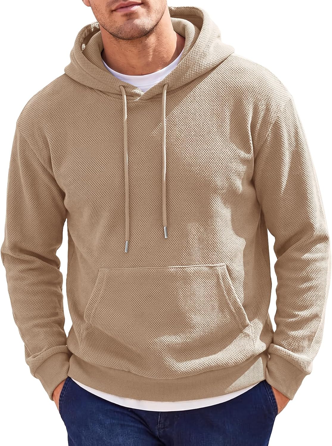 Men's Textured Slim Fit Pullover Hoodie - Lightweight Long Sleeve Sweatshirt with Kangaroo Pocket for Workouts - Medium