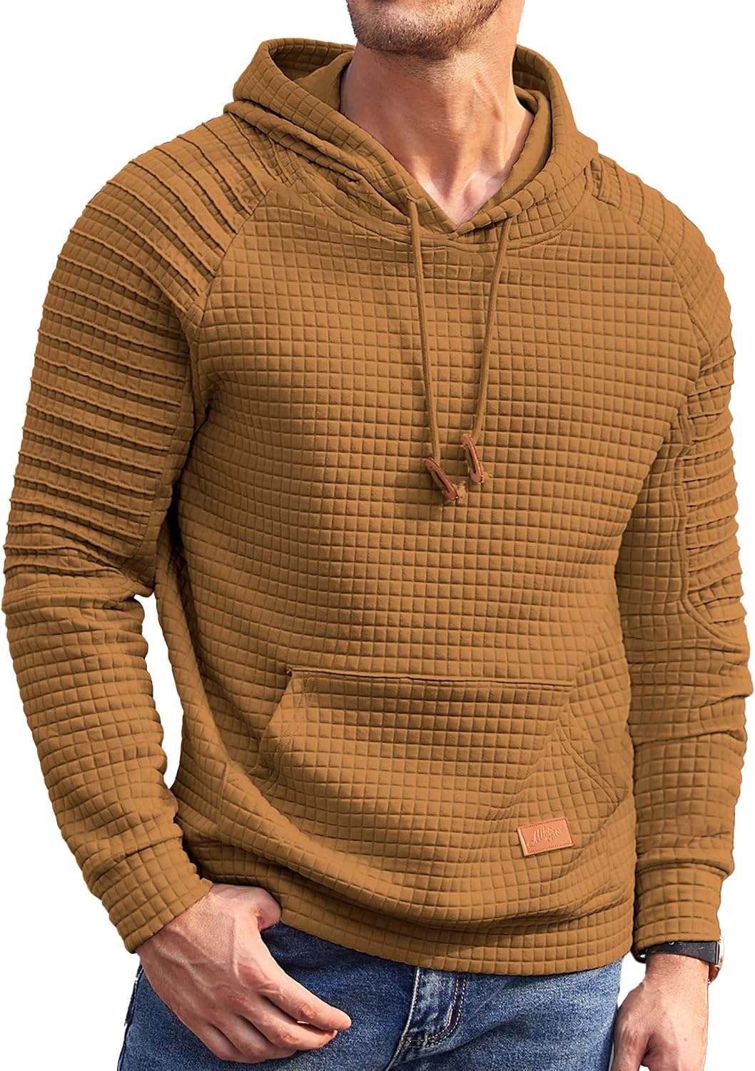 Men's Waffle Knit Pullover Hoodie - Long Sleeve Drawstring Sweatshirt with Kanga Pocket for Casual Daily Wear - Medium