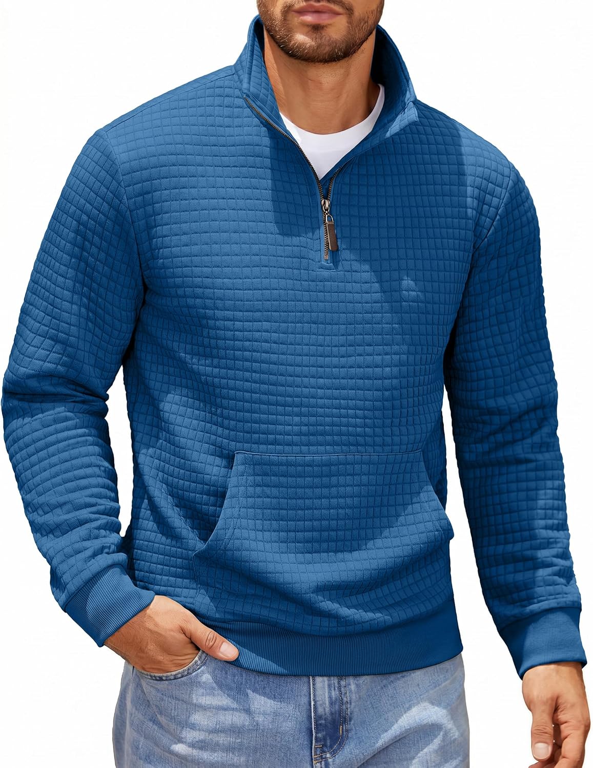 Men's Waffle Knit Quarter Zip Pullover Hoodie - Long Sleeve Textured Sweatshirt with Front Pocket for Autumn - Large