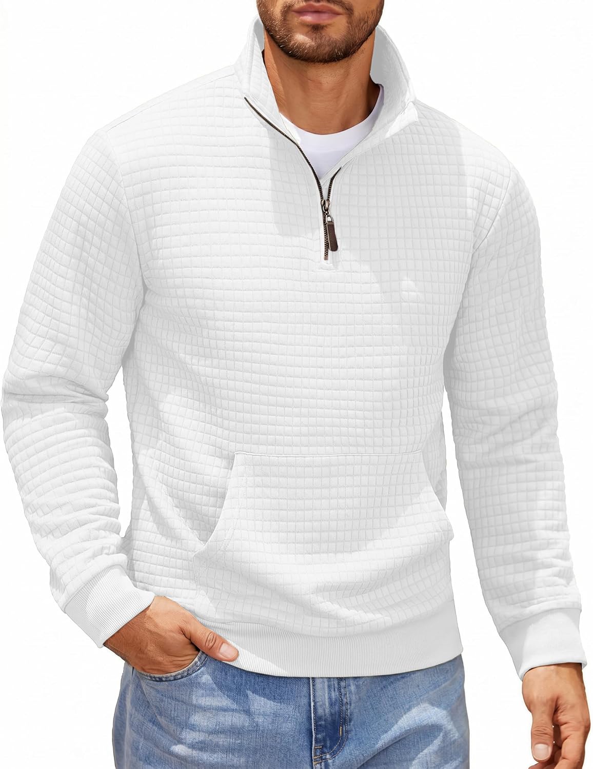 Men's Waffle Knit Quarter Zip Pullover Hoodie - Long Sleeve Textured Sweatshirt with Front Pocket for Autumn - Medium
