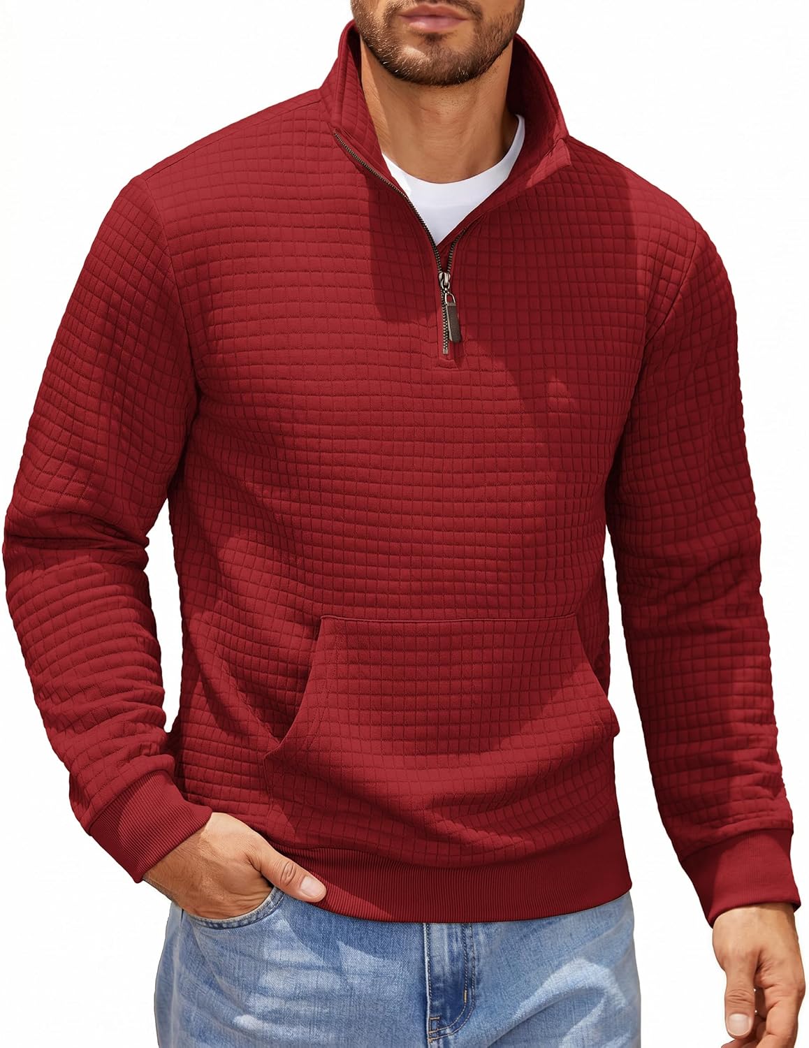 Men's Waffle Knit Quarter Zip Pullover Hoodie - Long Sleeve Textured Sweatshirt with Front Pocket for Autumn - Small