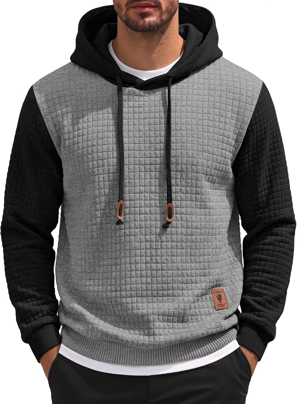 Men's Waffle Knit Hooded Sweatshirt - Long Sleeve Drawstring Pullover Hoodie for Casual Fall and Winter Wear - Small