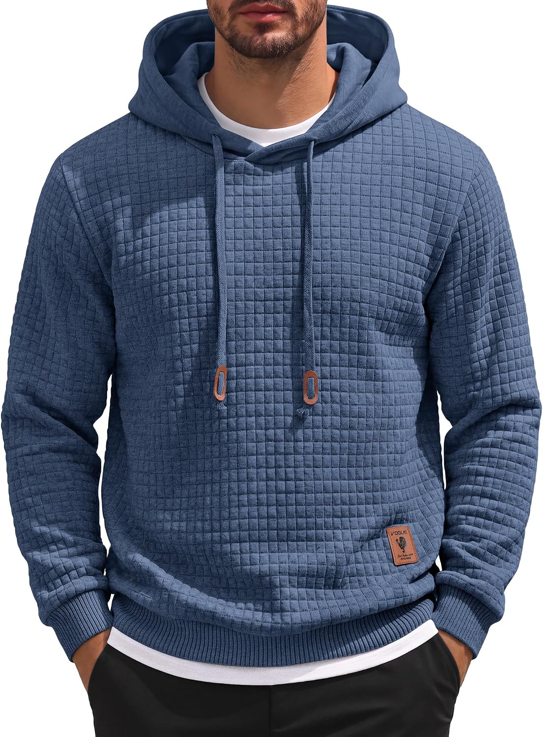 Men's Waffle Knit Hooded Sweatshirt - Long Sleeve Drawstring Pullover Hoodie for Casual Fall and Winter Wear - Large
