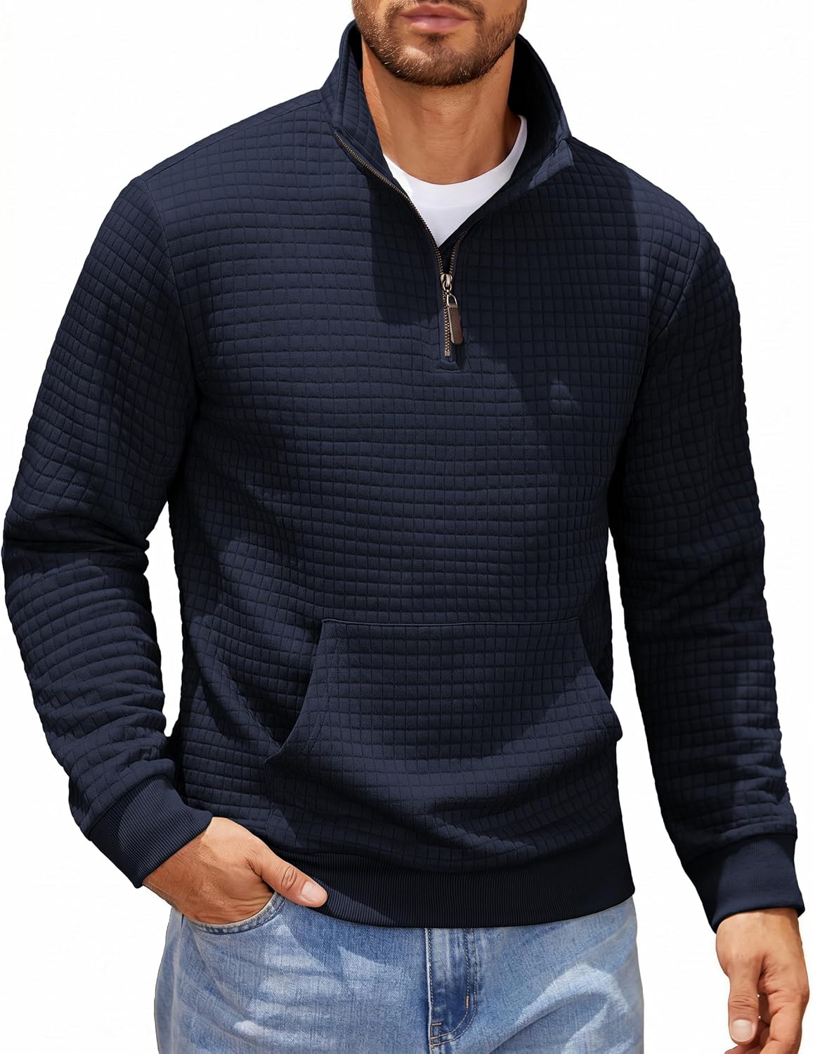 Men's Waffle Knit Quarter Zip Pullover Hoodie - Long Sleeve Textured Sweatshirt with Front Pocket for Autumn - Small