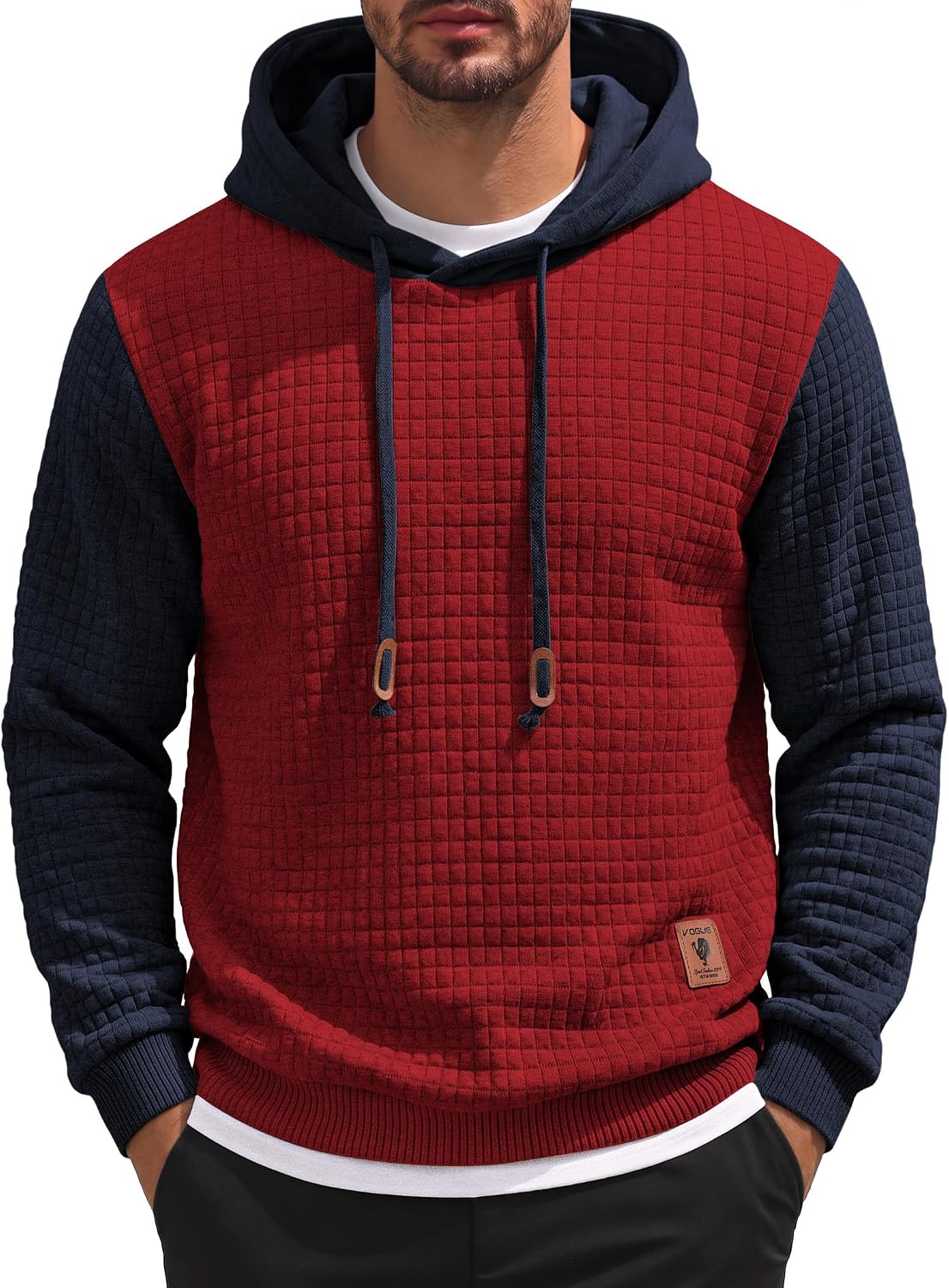 Men's Waffle Knit Hooded Sweatshirt - Long Sleeve Drawstring Pullover Hoodie for Casual Fall and Winter Wear - Small