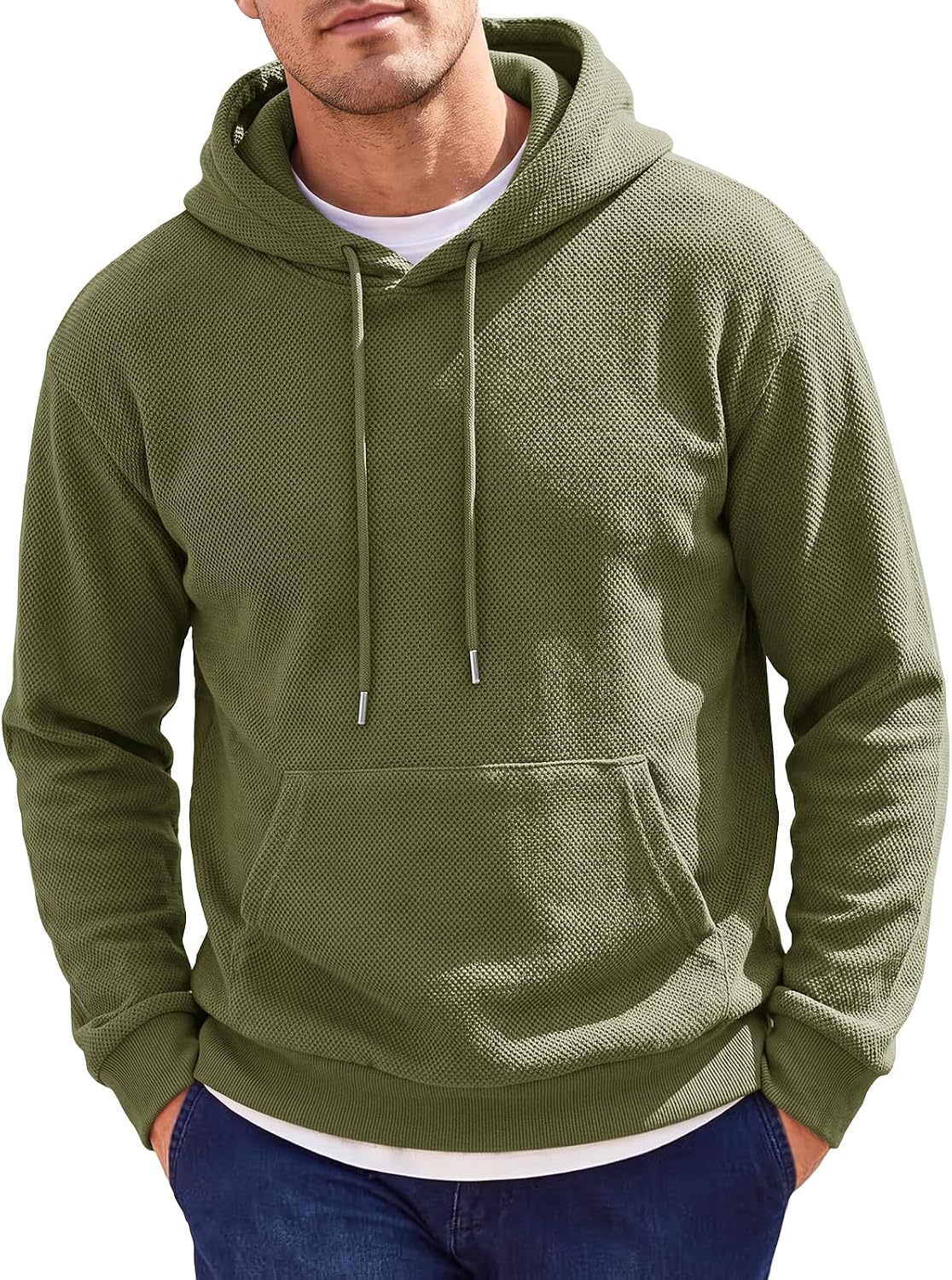 Men's Textured Slim Fit Pullover Hoodie - Lightweight Long Sleeve Sweatshirt with Kangaroo Pocket for Workouts - Medium