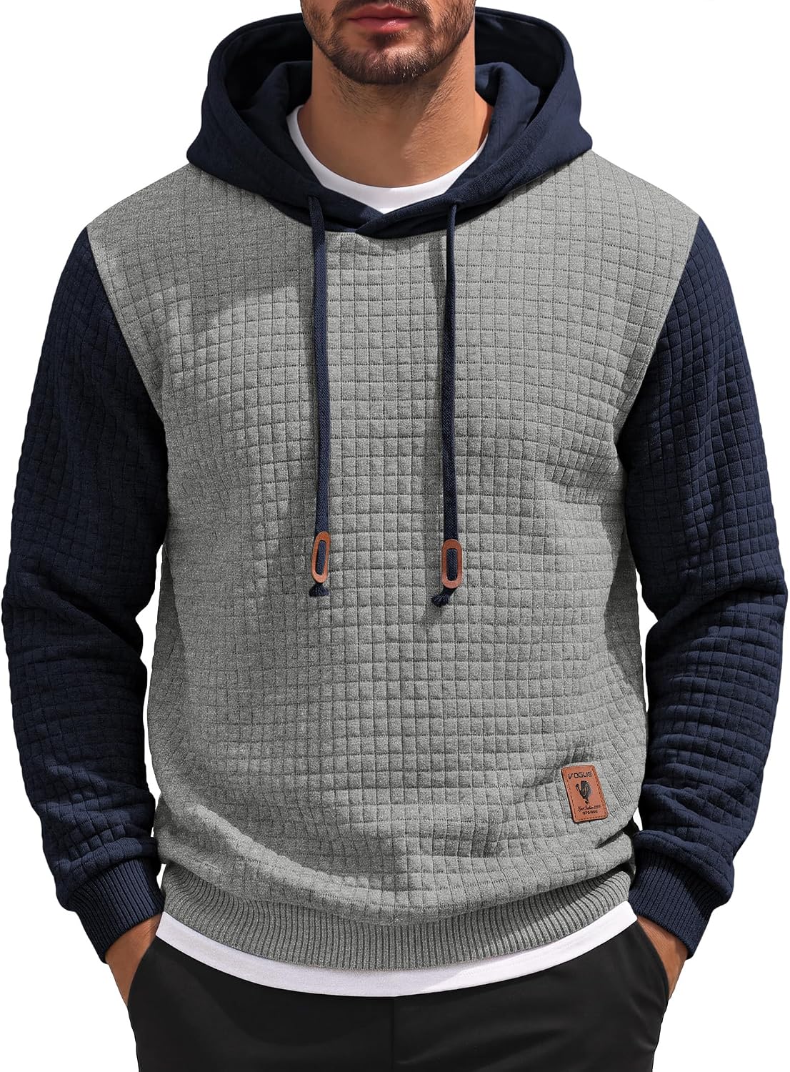 Men's Waffle Knit Hooded Sweatshirt - Long Sleeve Drawstring Pullover Hoodie for Casual Fall and Winter Wear - Medium