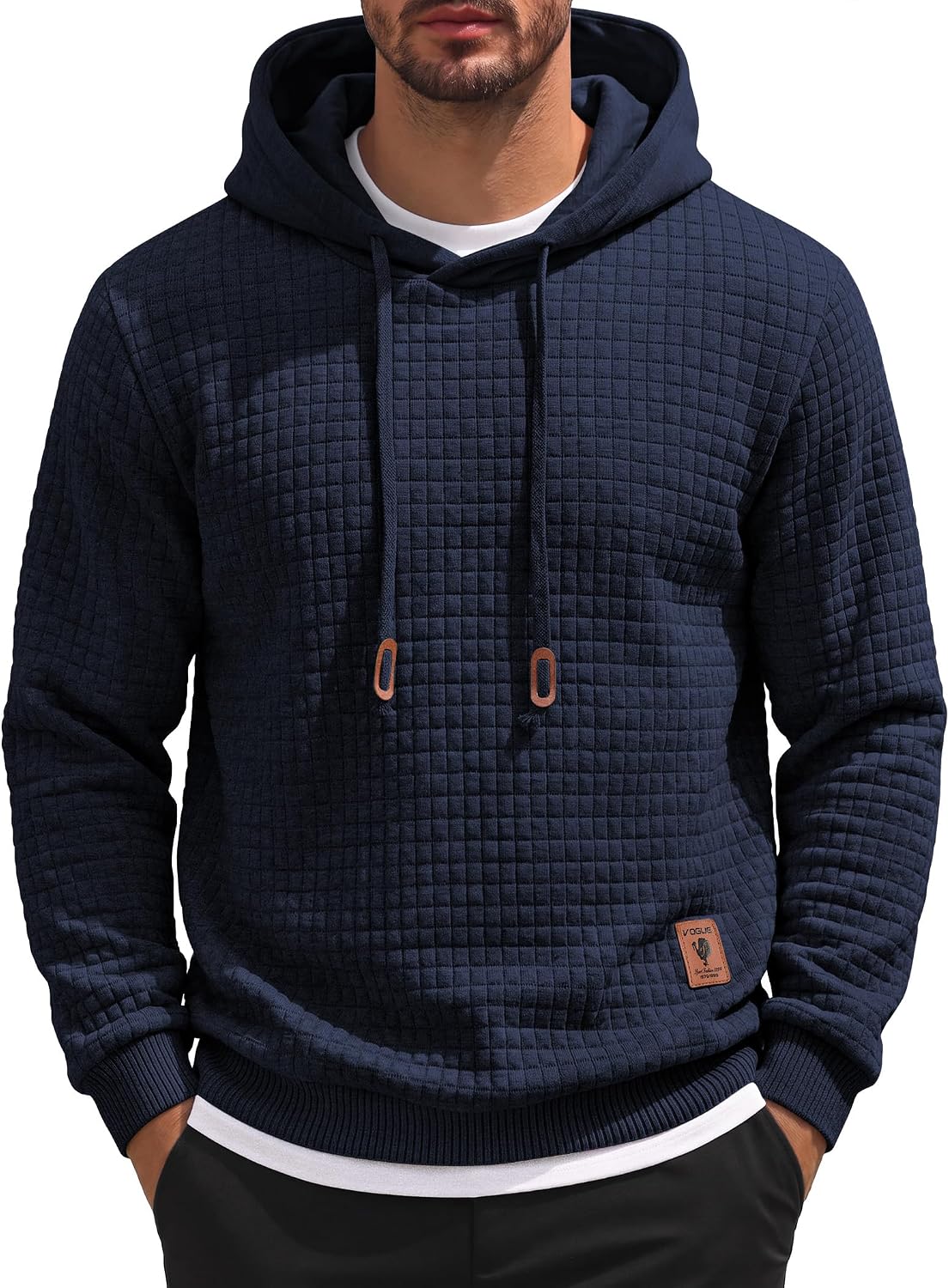 Men's Waffle Knit Hooded Sweatshirt - Long Sleeve Drawstring Pullover Hoodie for Casual Fall and Winter Wear - Small