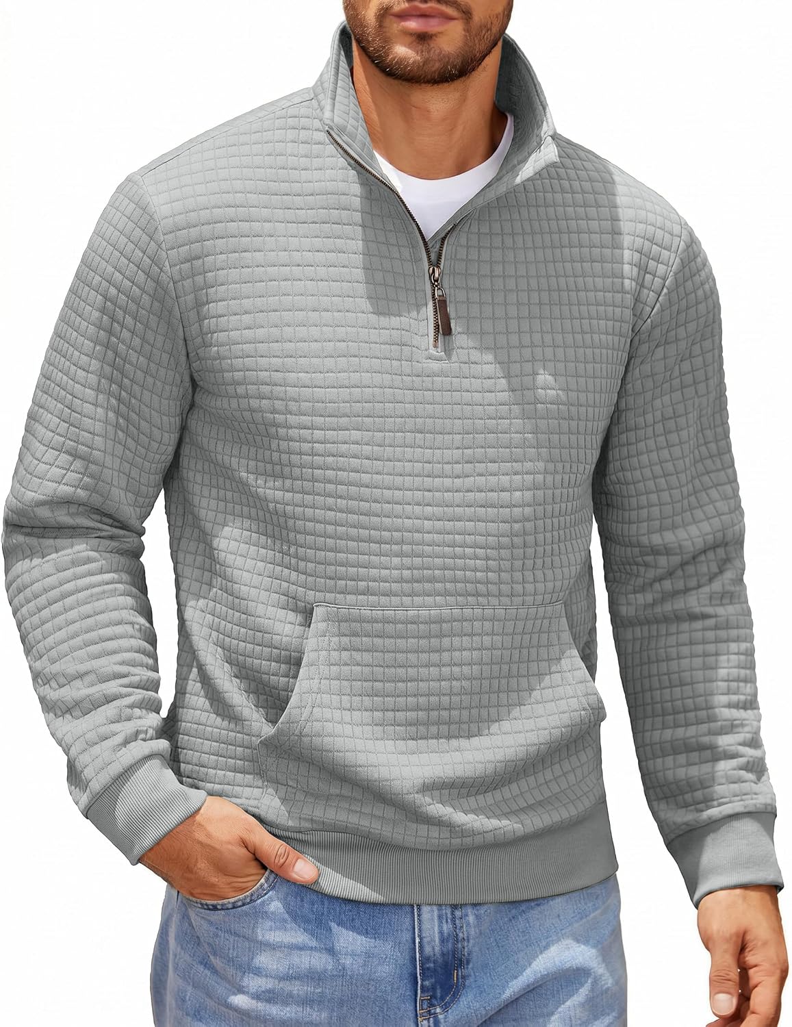 Men's Waffle Knit Quarter Zip Pullover Hoodie - Long Sleeve Textured Sweatshirt with Front Pocket for Autumn - Small