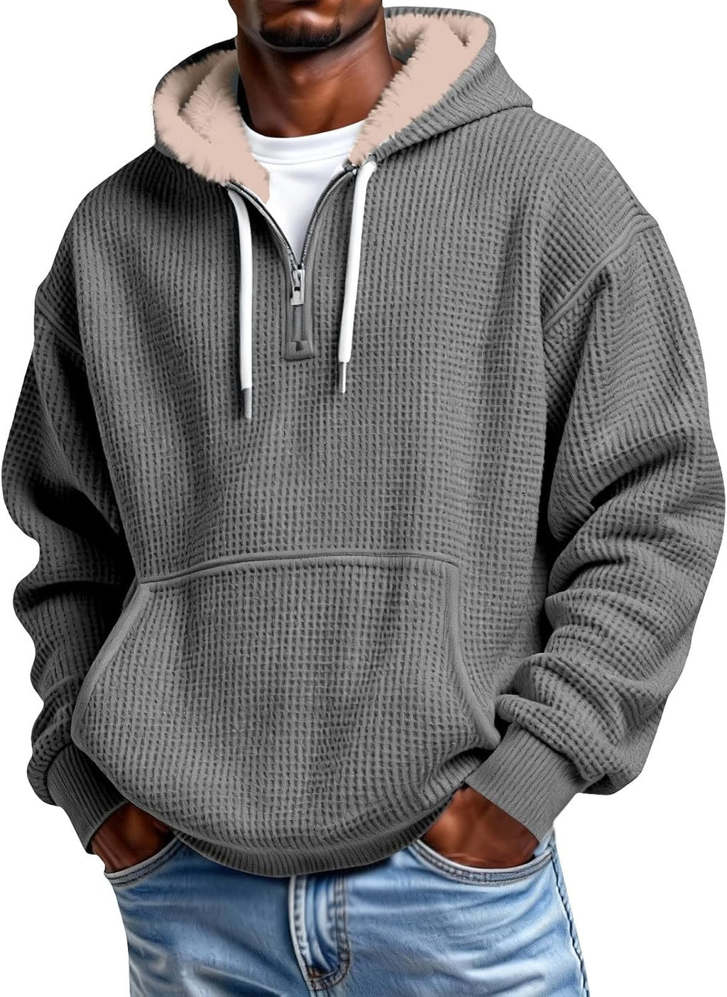 Men's Waffle Knit Quarter Zip Hooded Sweatshirt - Long Sleeve Drawstring Pullover with Front Pocket for Autumn - Medium