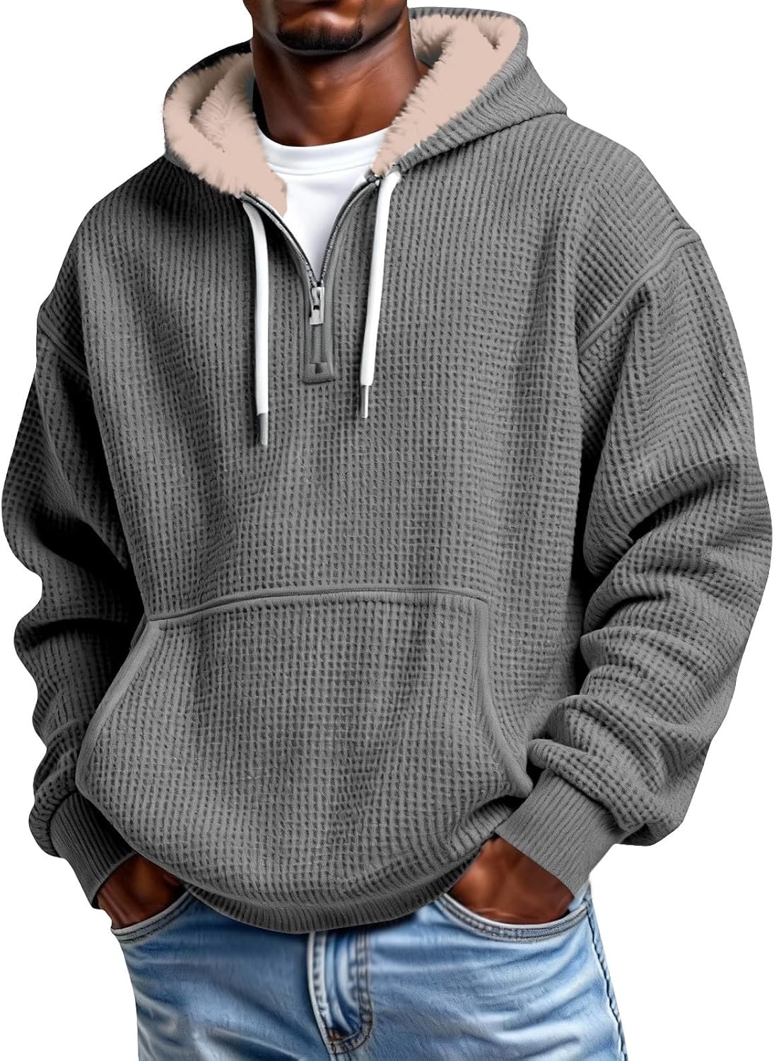 Men's Waffle Knit Quarter Zip Hooded Sweatshirt - Long Sleeve Drawstring Pullover with Front Pocket for Autumn - Medium