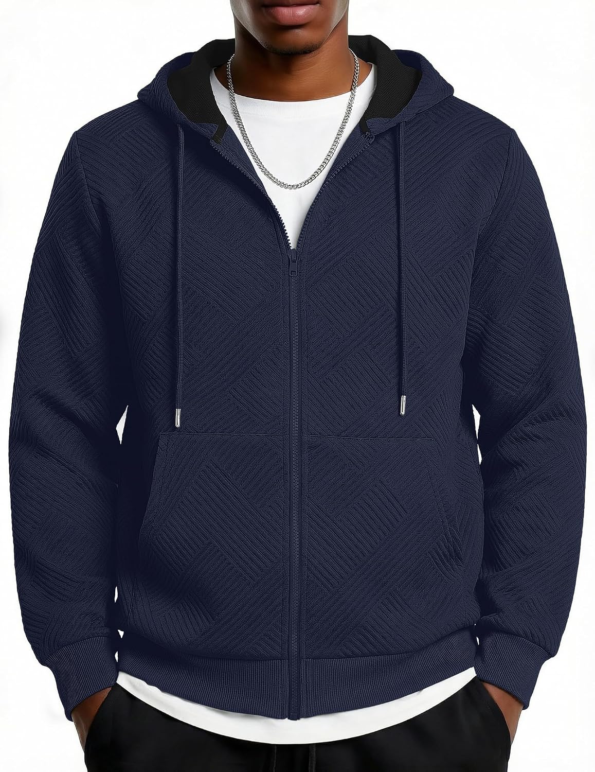 Men's Geometric Textured Zip Up Hoodie - Full Zip Sweatshirt with Pockets and Drawstring Hood for Weekend Wear - Small