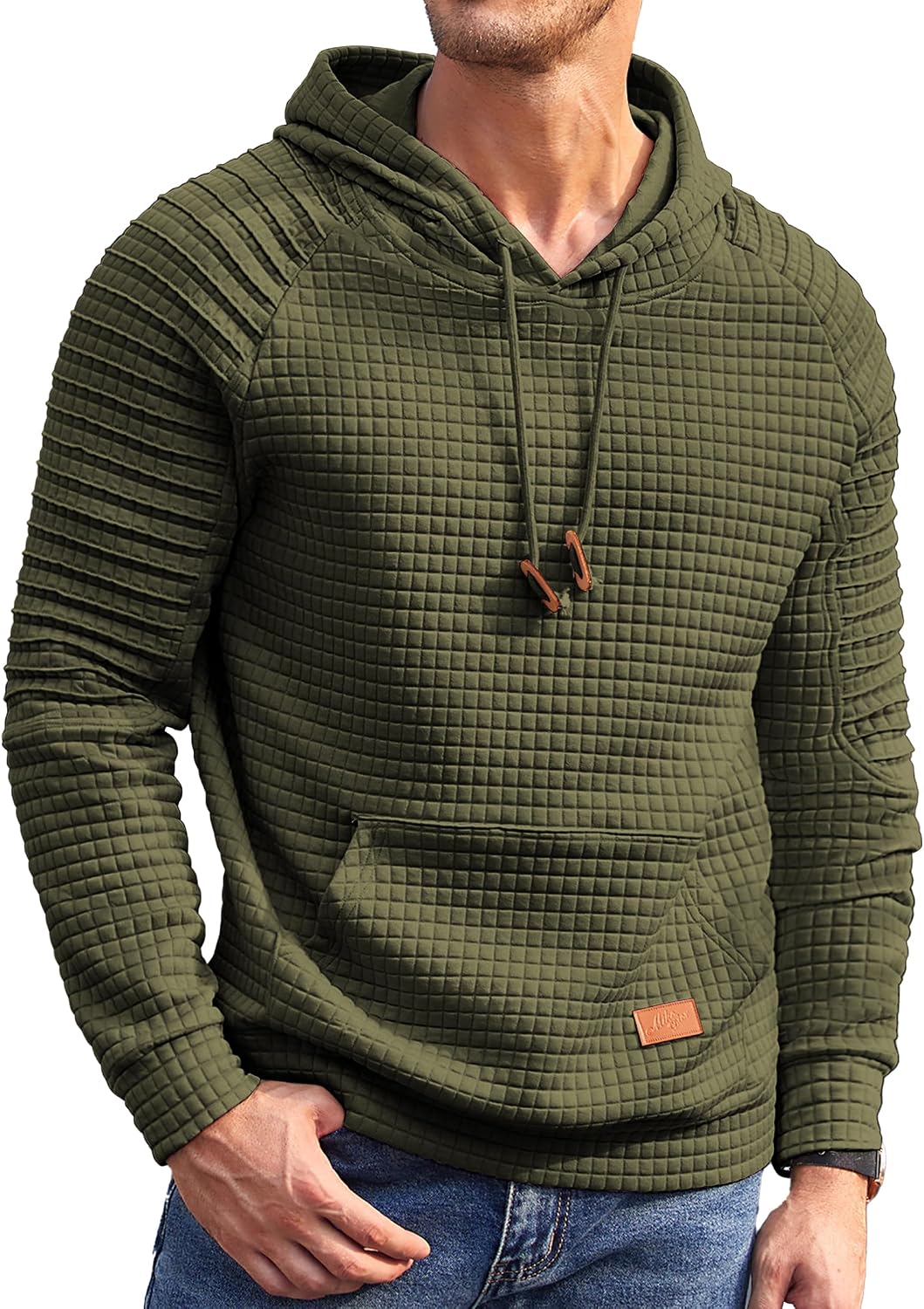 Men's Waffle Knit Pullover Hoodie - Long Sleeve Drawstring Sweatshirt with Kanga Pocket for Casual Daily Wear - Small